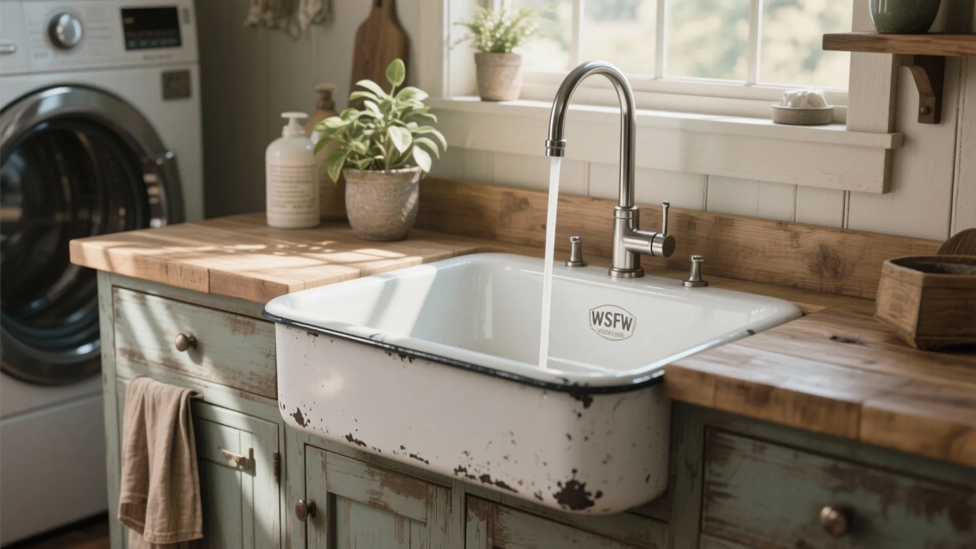 4. Vintage Farmhouse Basin with Modern Faucet