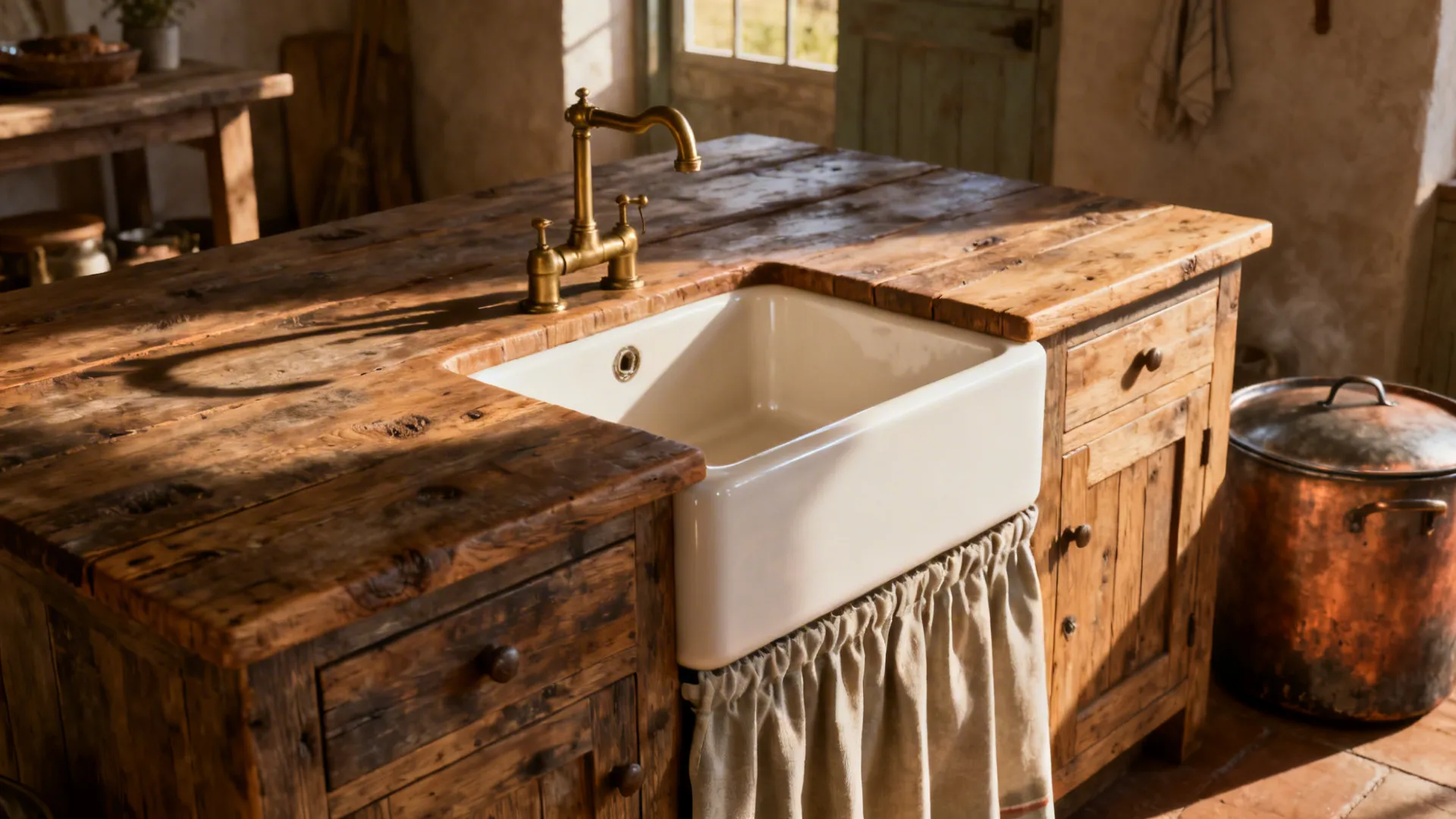 Rustic farmhouse island with an apron-front sink and reclaimed wood cabinetry.