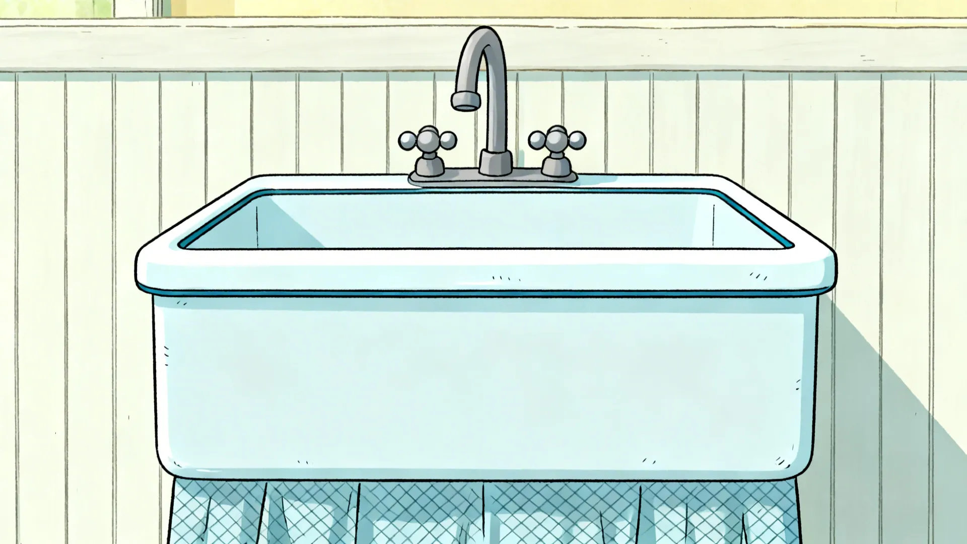 Front-on cartoon farmhouse apron-front sink with a thin rim line and gentle shading.