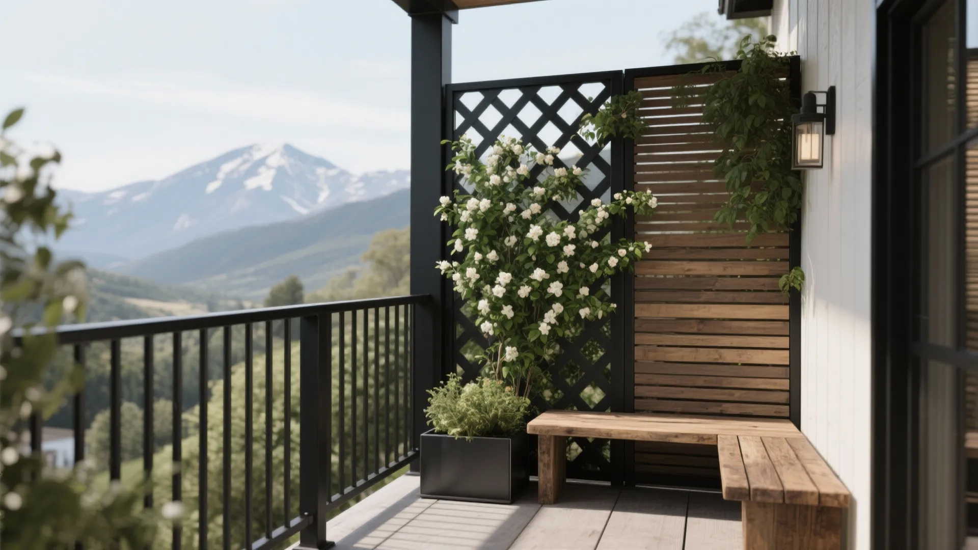 Modern Farmhouse: Black Railings, Warm Wood, Vertical Greens