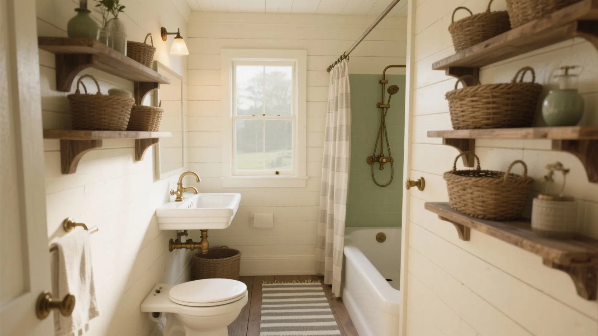 Rustic farmhouse bathroom interior with white wall panels wooden shelves woven baskets and a bathtub