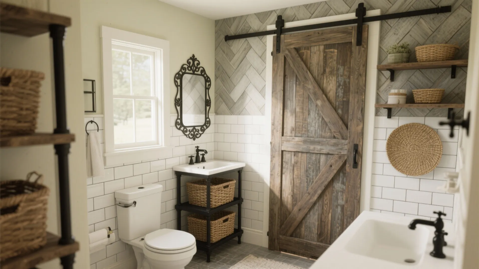 Farmhouse bathroom design with sliding wood door white toilet open shelves and grey patterned wallpaper