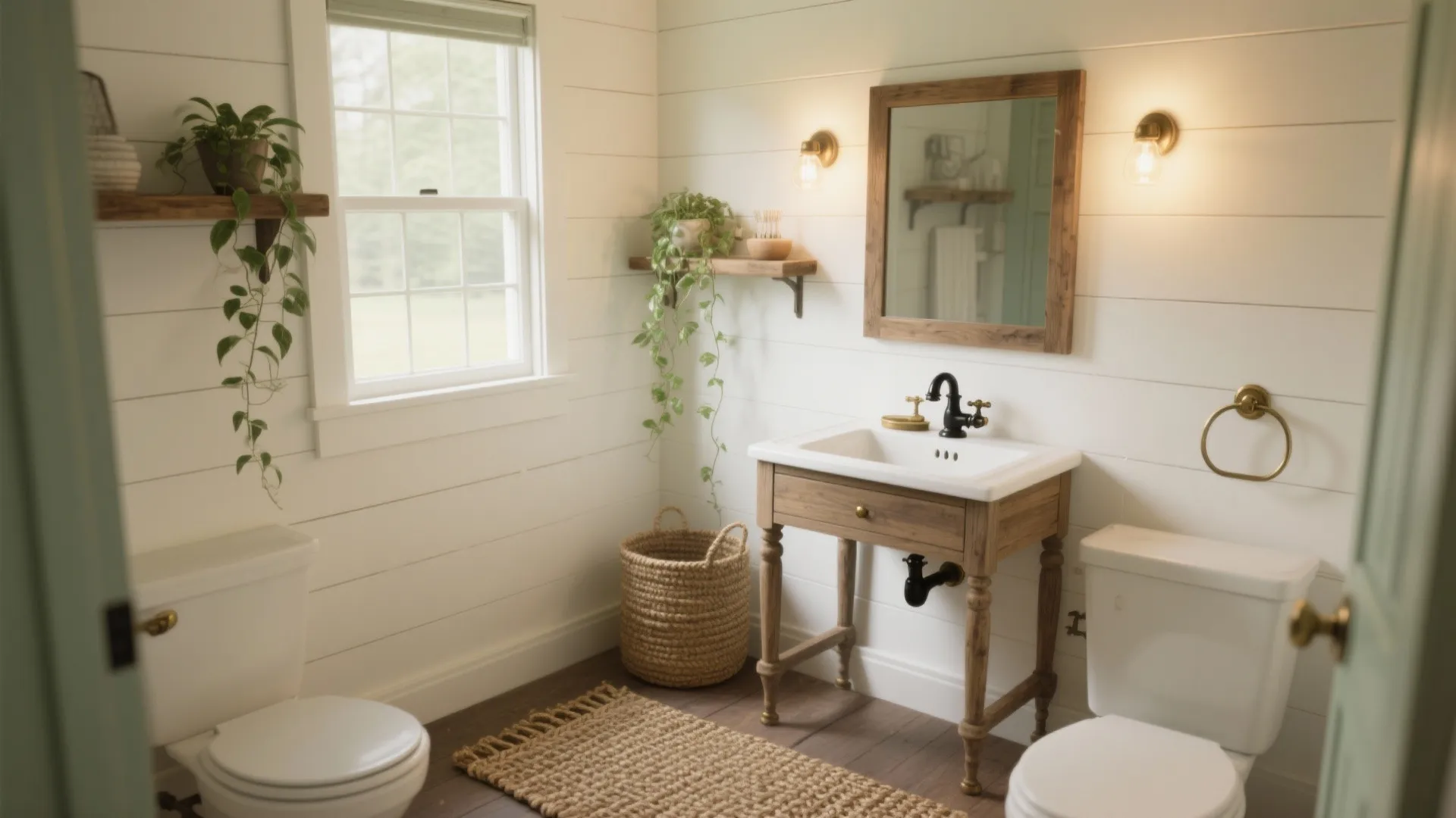 Farmhouse bathroom with white wood walls wooden sink vanity mirror two wall lights and woven rug
