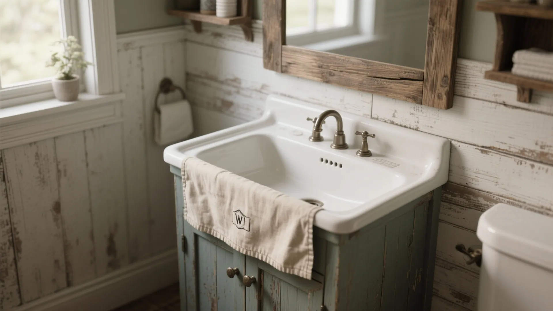 Farmhouse bathroom featuring white sink on blue wooden cabinet with wooden mirror and bronze faucet