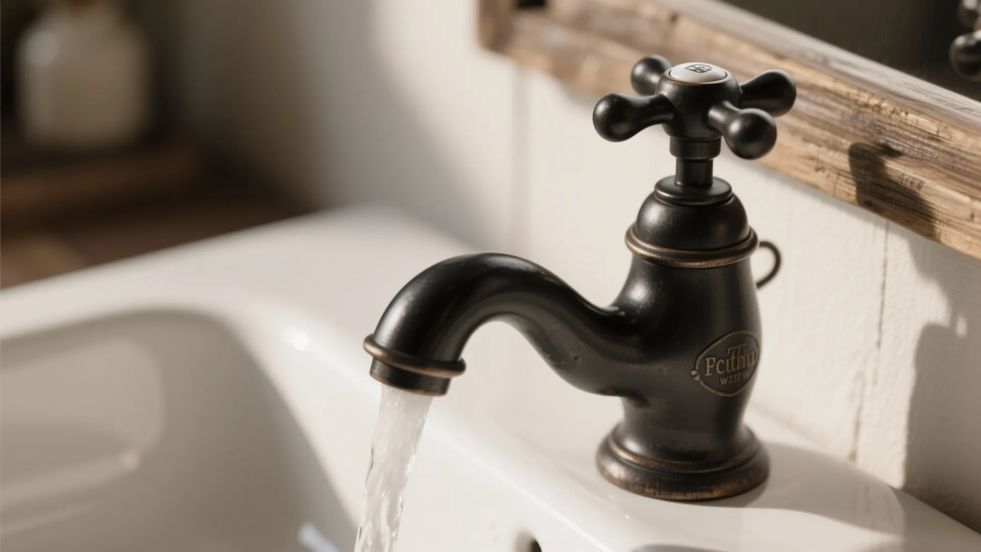 Vintage dark metal water tap running into a white sink in a bright farmhouse style bathroom