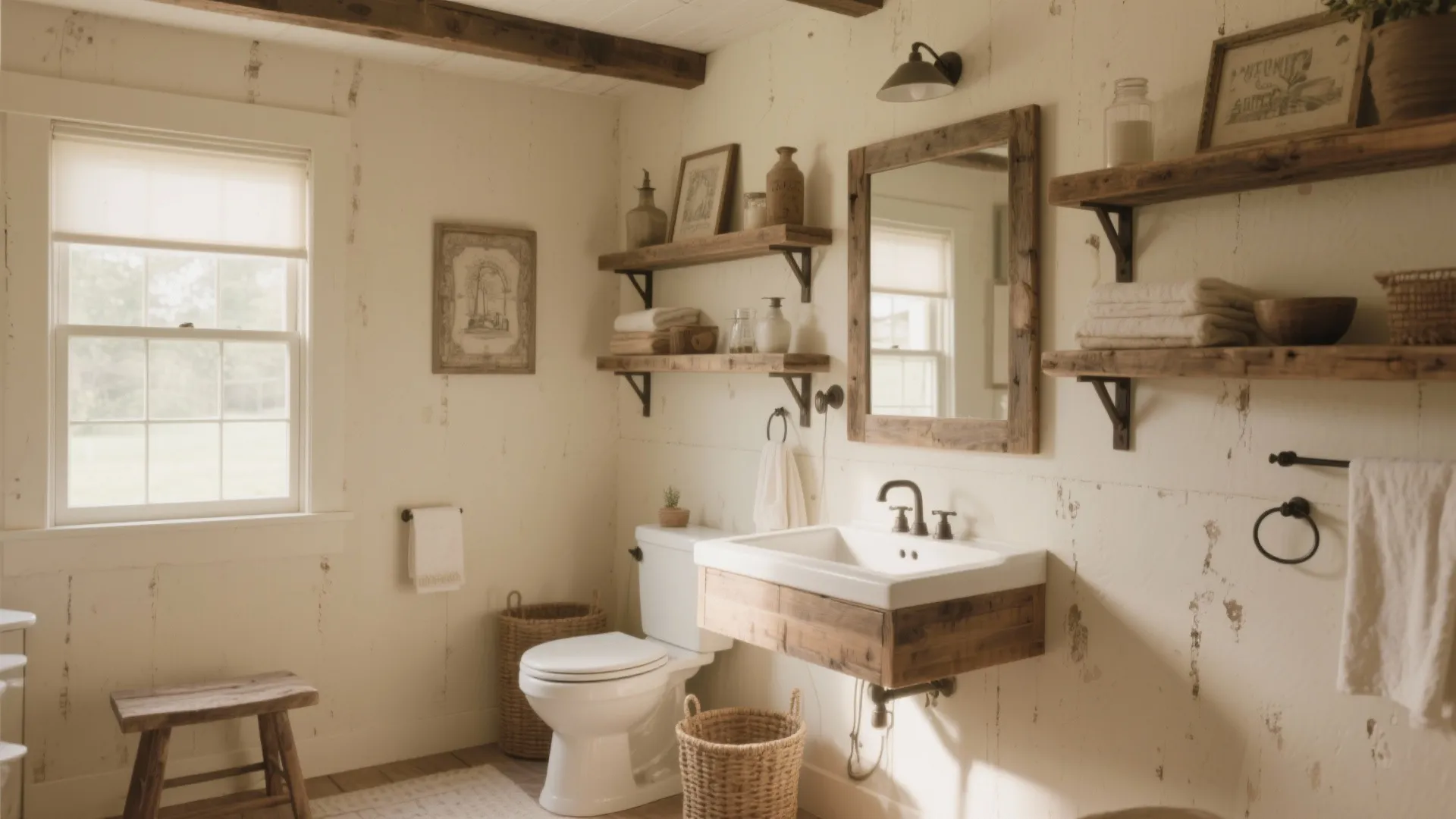 Farmhouse bathroom with a floating wood sink white toilet woven baskets and rustic wooden shelves
