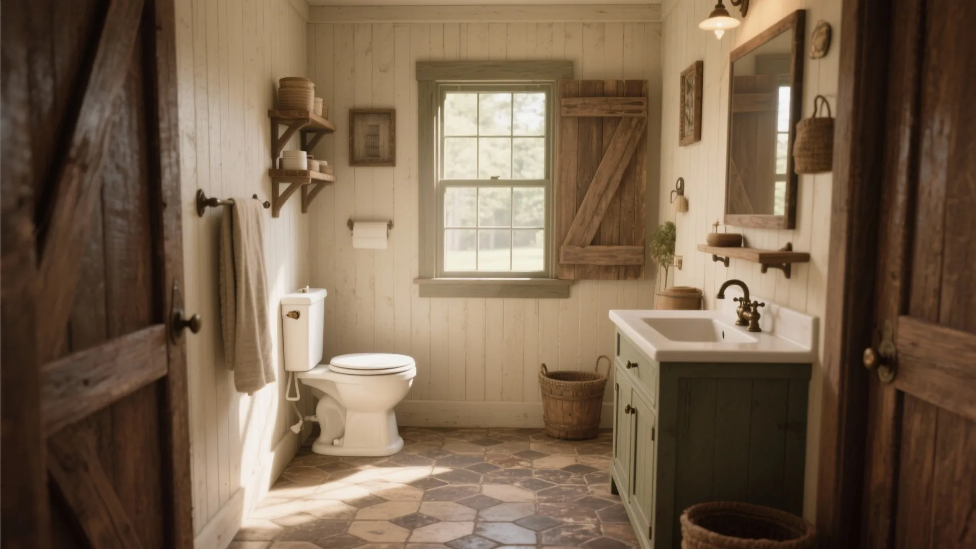 Rustic farmhouse bathroom with white toilet green sink cabinet wood wall panel and stone floor