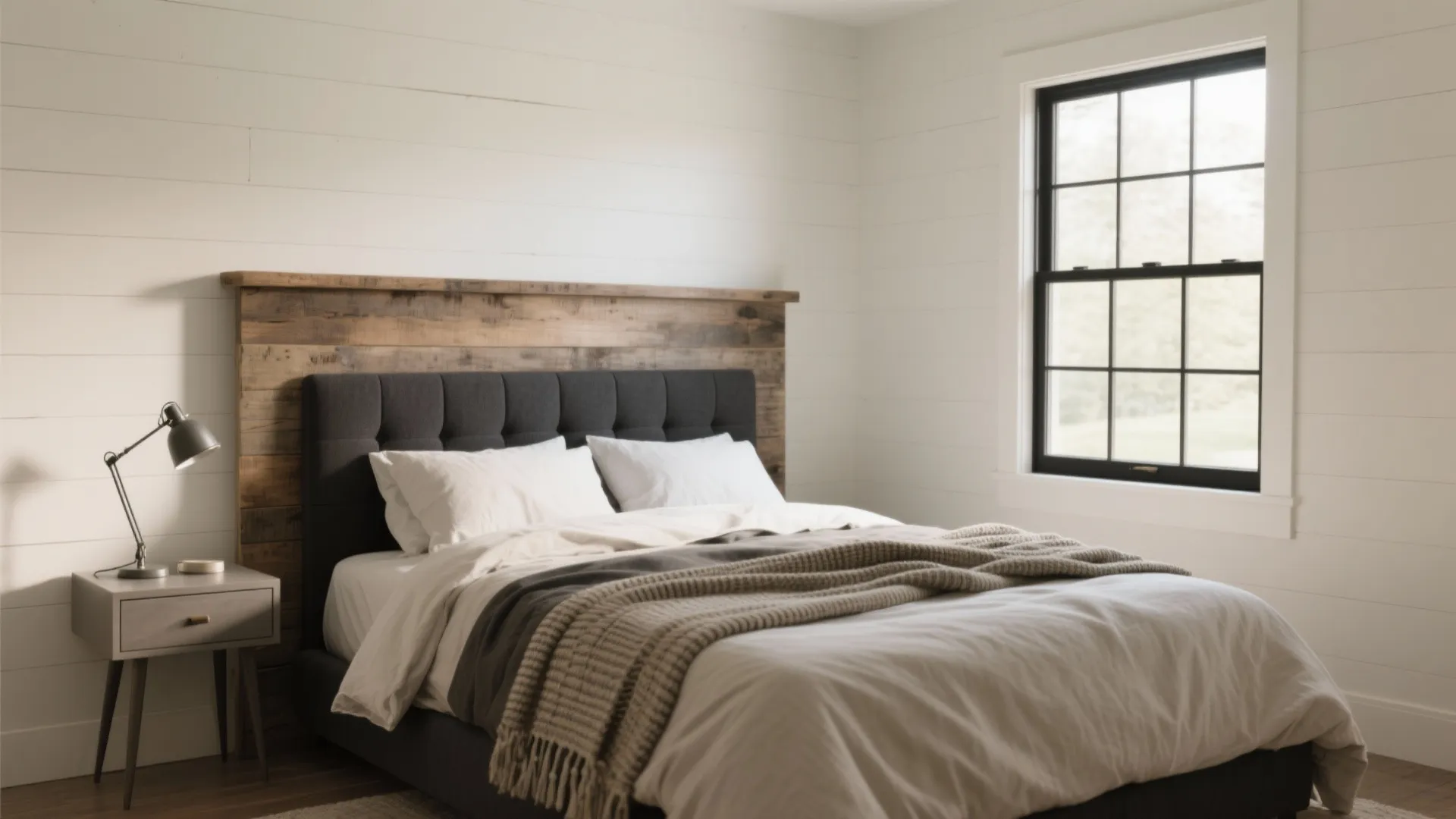 Modern farmhouse bedroom with white wall panel design wooden headboard black window and bedside light fixture