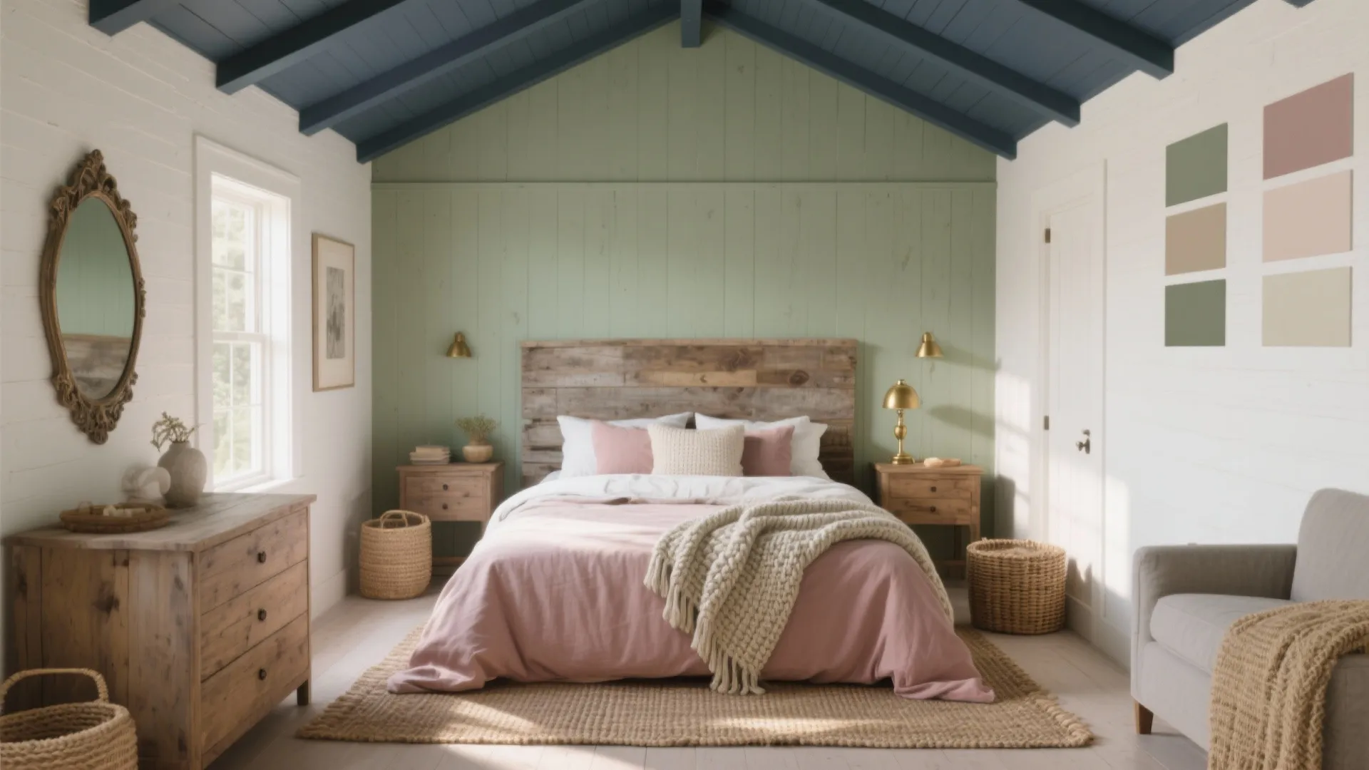 Farmhouse bedroom with green wall blue ceiling pink bedding wood furniture and woven storage baskets
