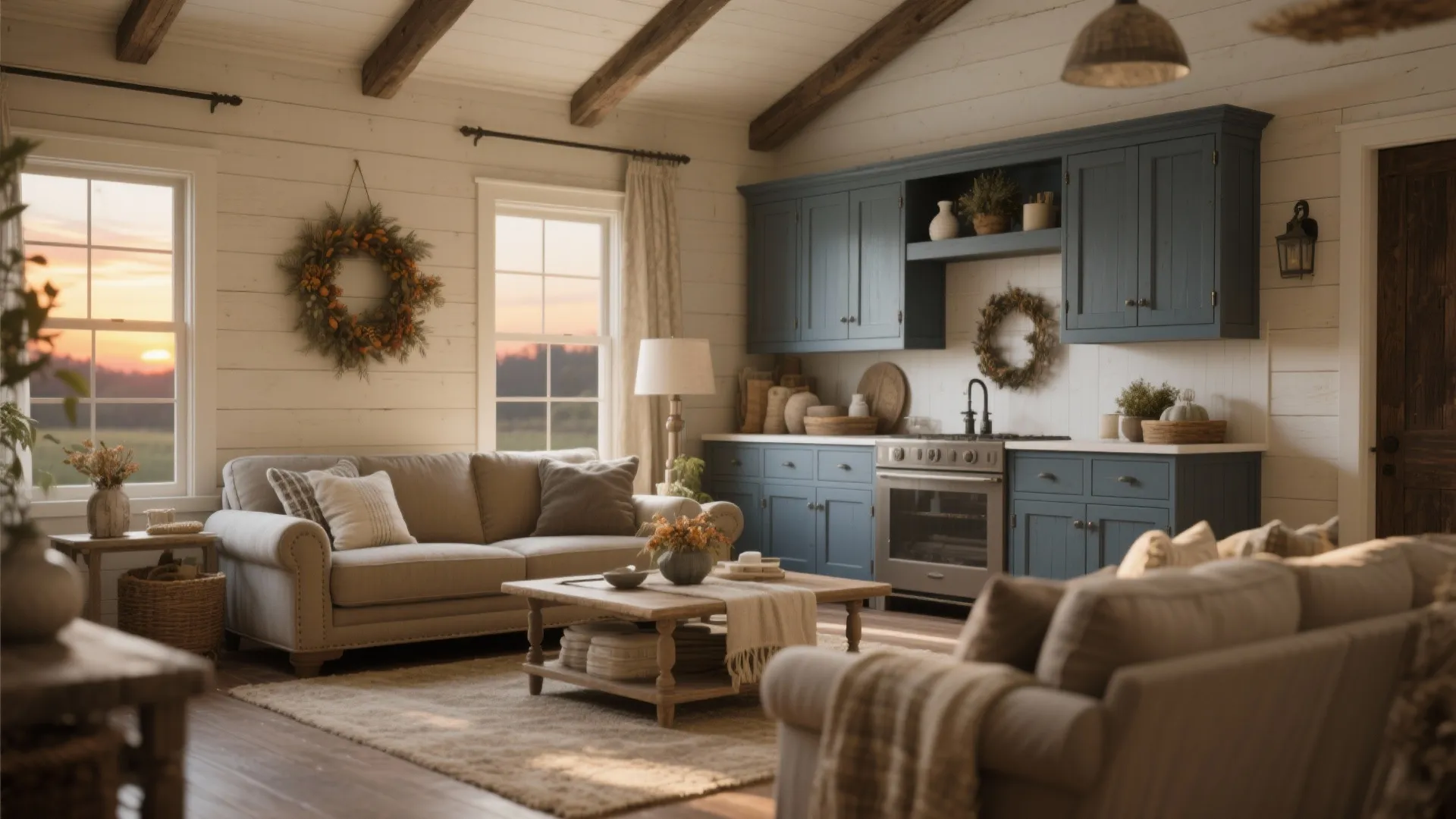 Rustic farmhouse interior with blue kitchen cabinets beige sofa wooden ceiling beams and cozy sunset view