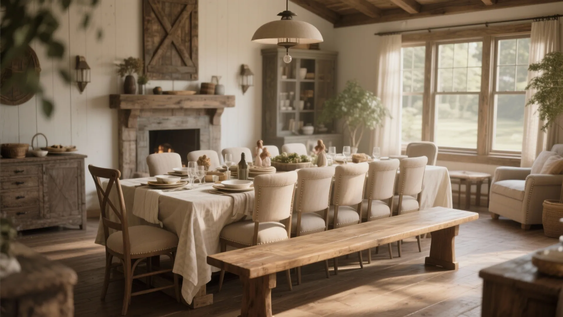Rustic dining table with long wooden bench seating