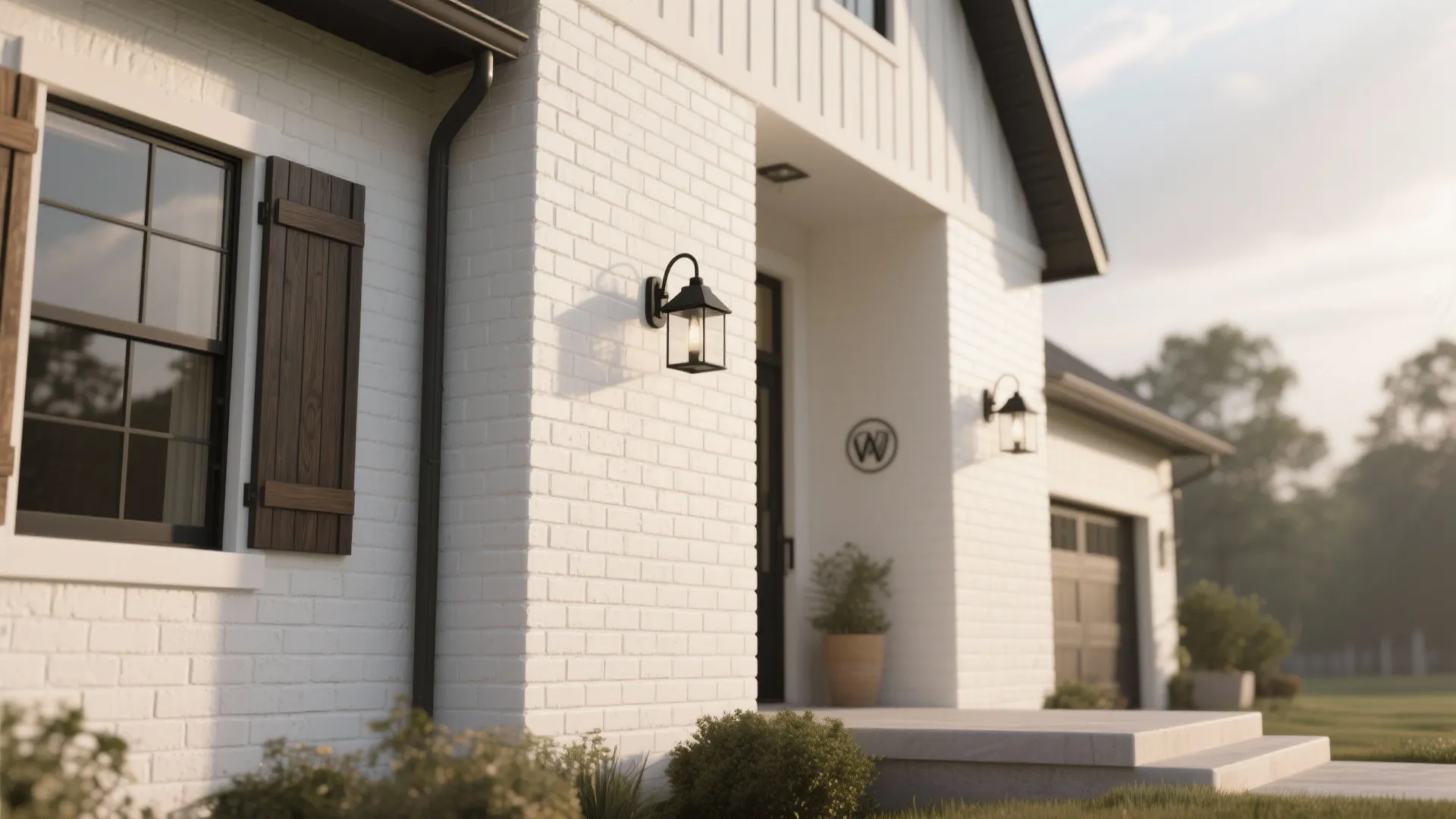 Modern farmhouse exterior with white brick walls dark wood shutters black wall lights and porch