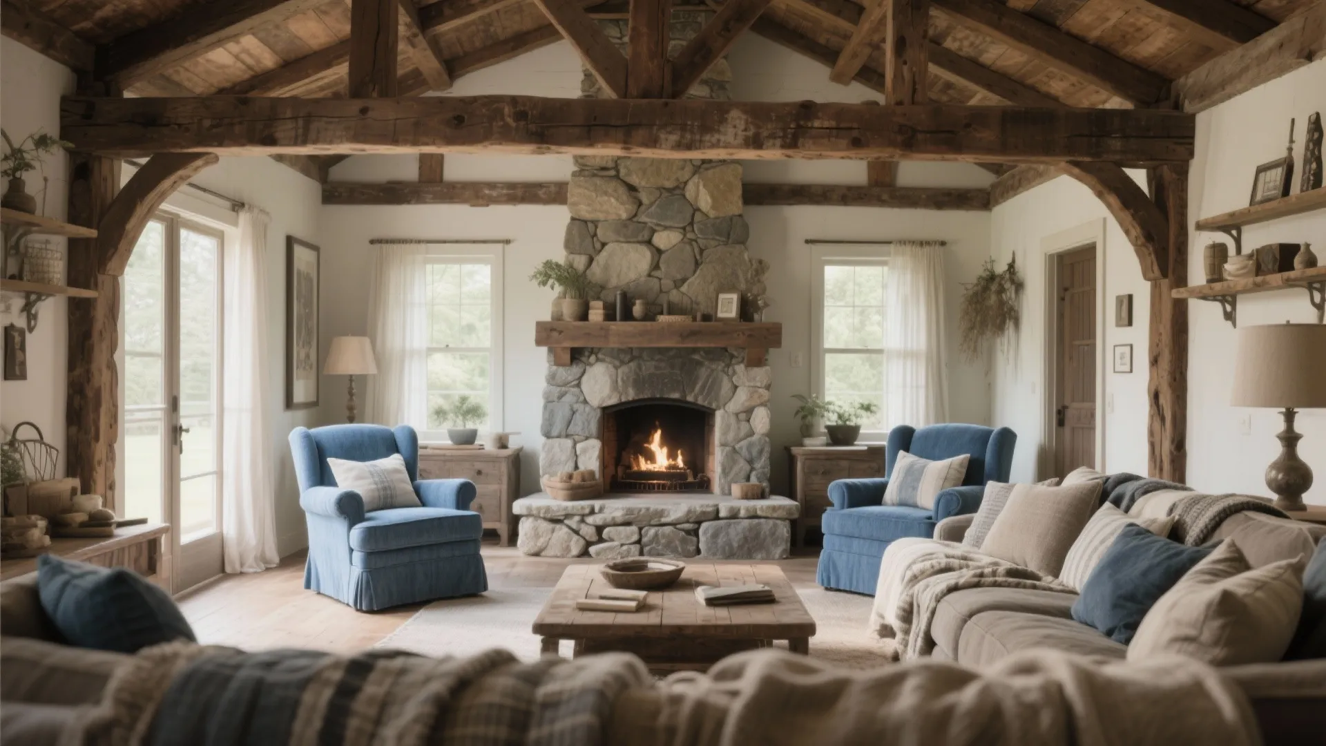 Rustic living room with stone fireplace wooden ceiling beams blue armchairs and large comfortable tan sofa