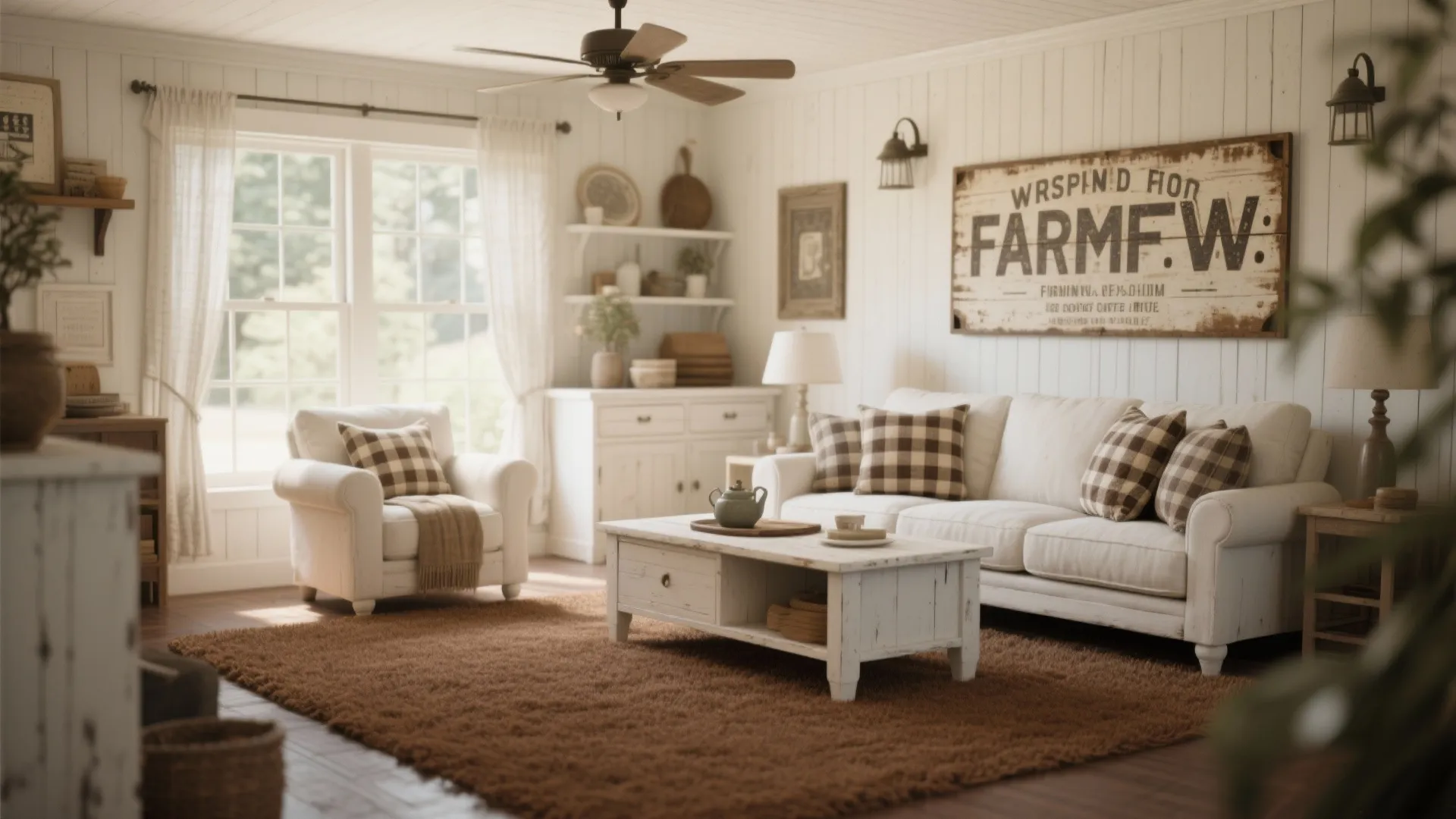 Farmhouse living room with brown carpet and cozy accents