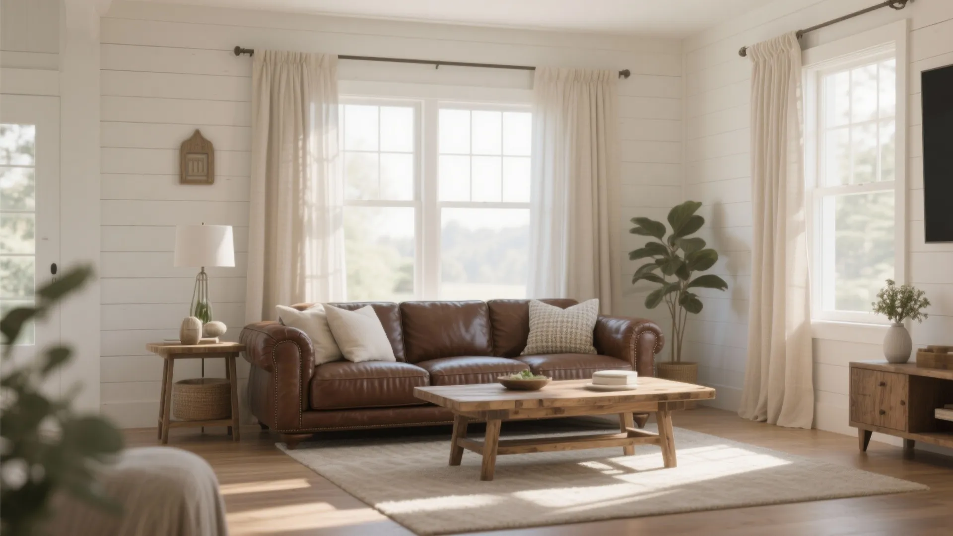 Modern farmhouse living room with a deep brown leather sofa