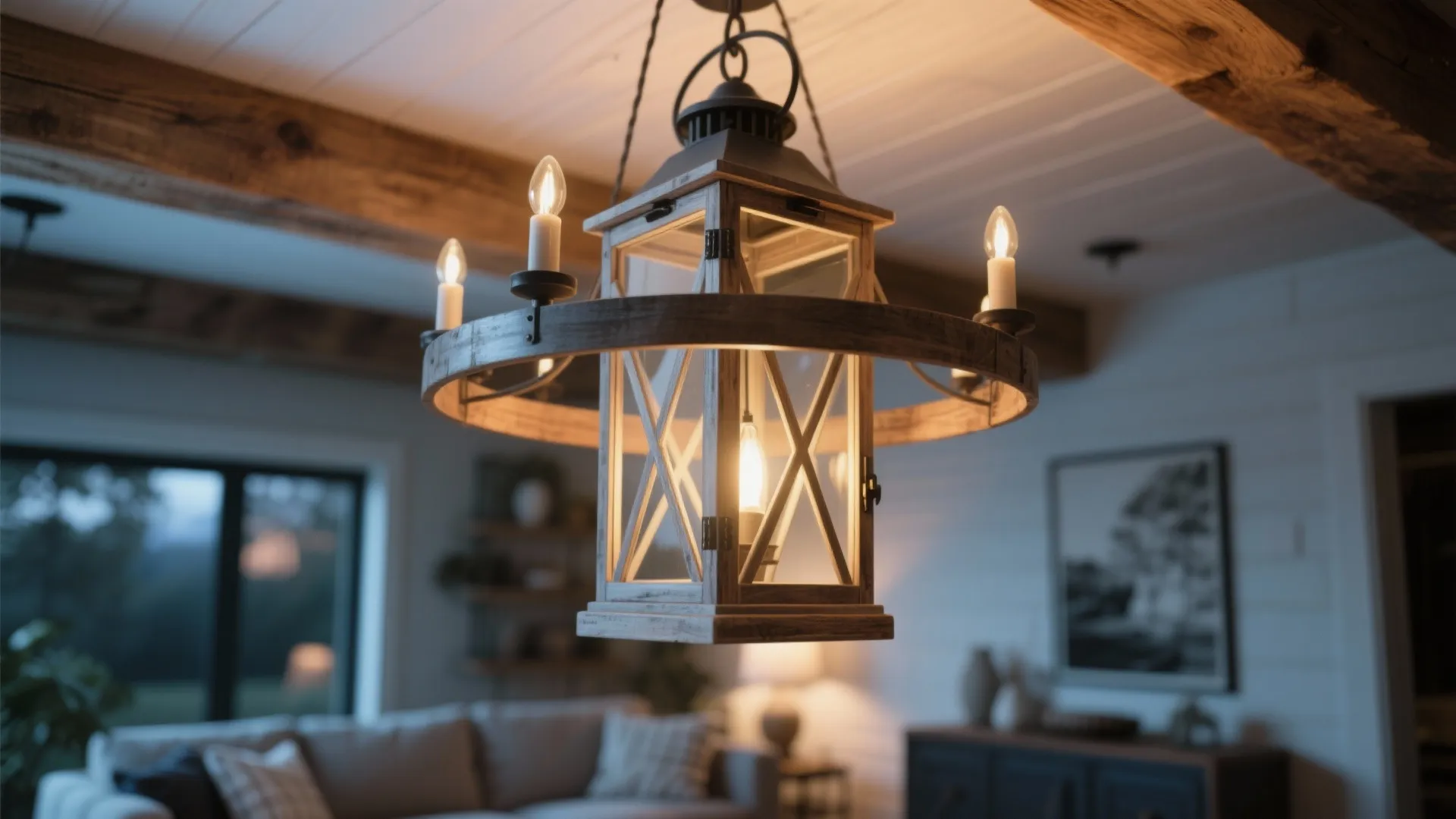 Rustic wooden ceiling light with lantern design and candle bulbs in a farmhouse living room