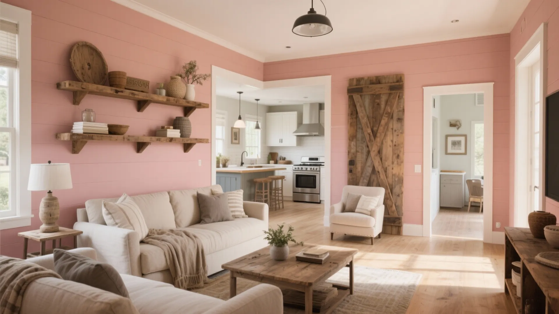 Farmhouse with clay pink walls and reclaimed wood shelves