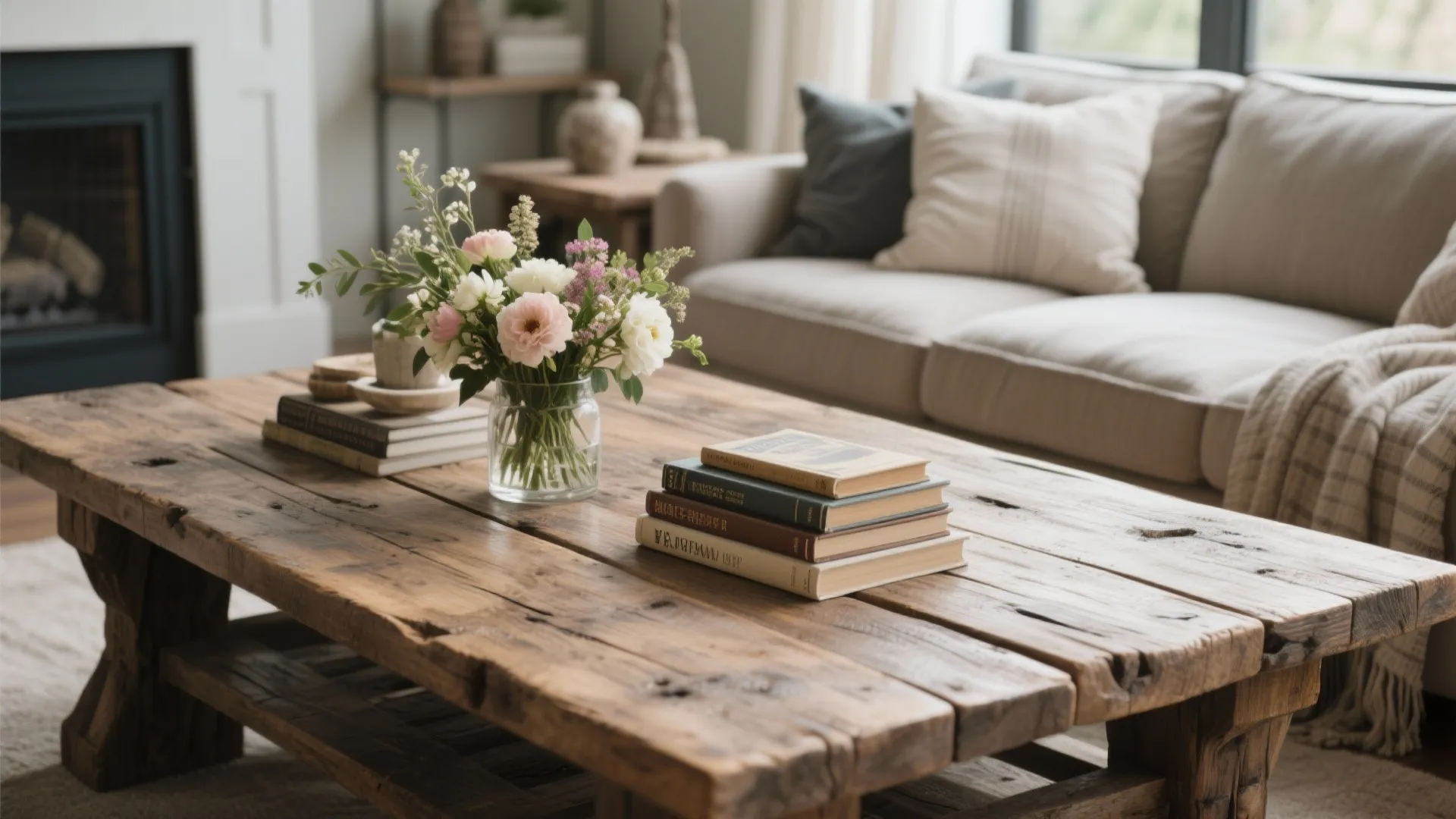Rustic wooden coffee table with flower vase and stack of books in cozy living room