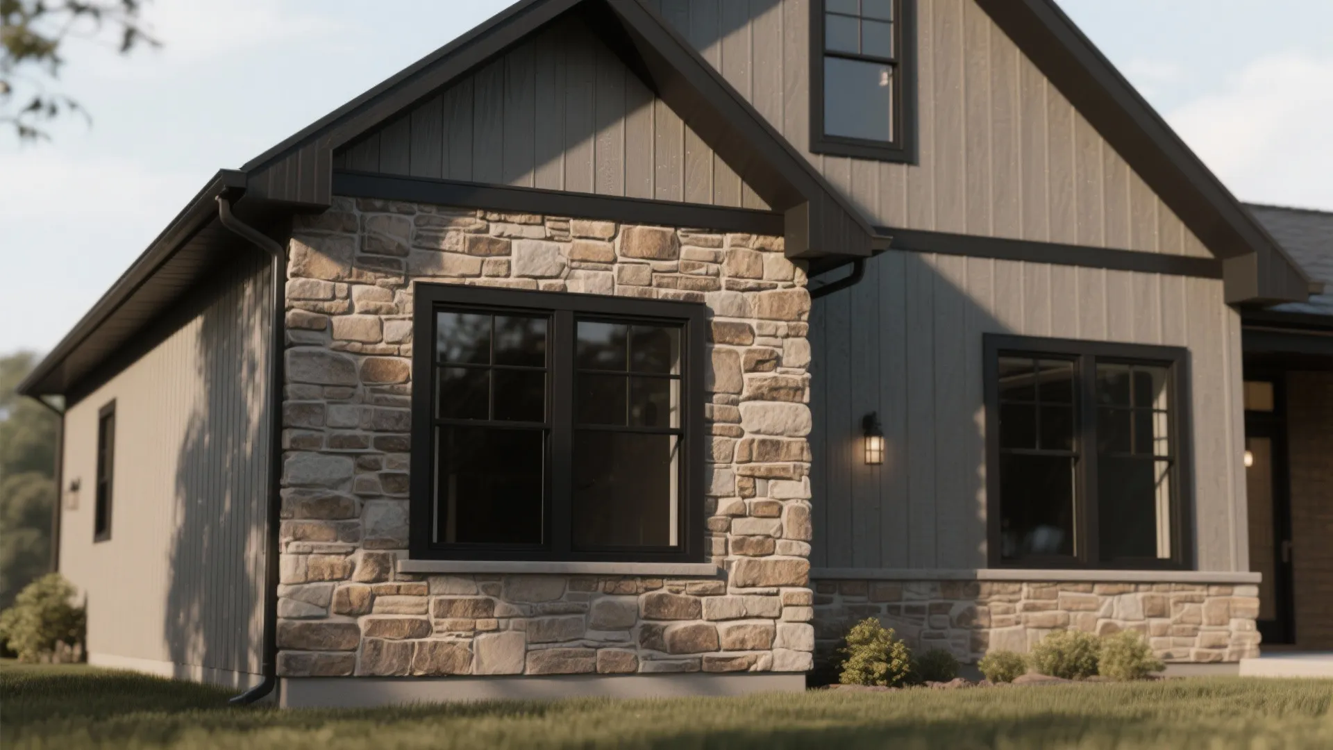 5. Modern Farmhouse Contrast: Warm Siding + Dark Window Frames
