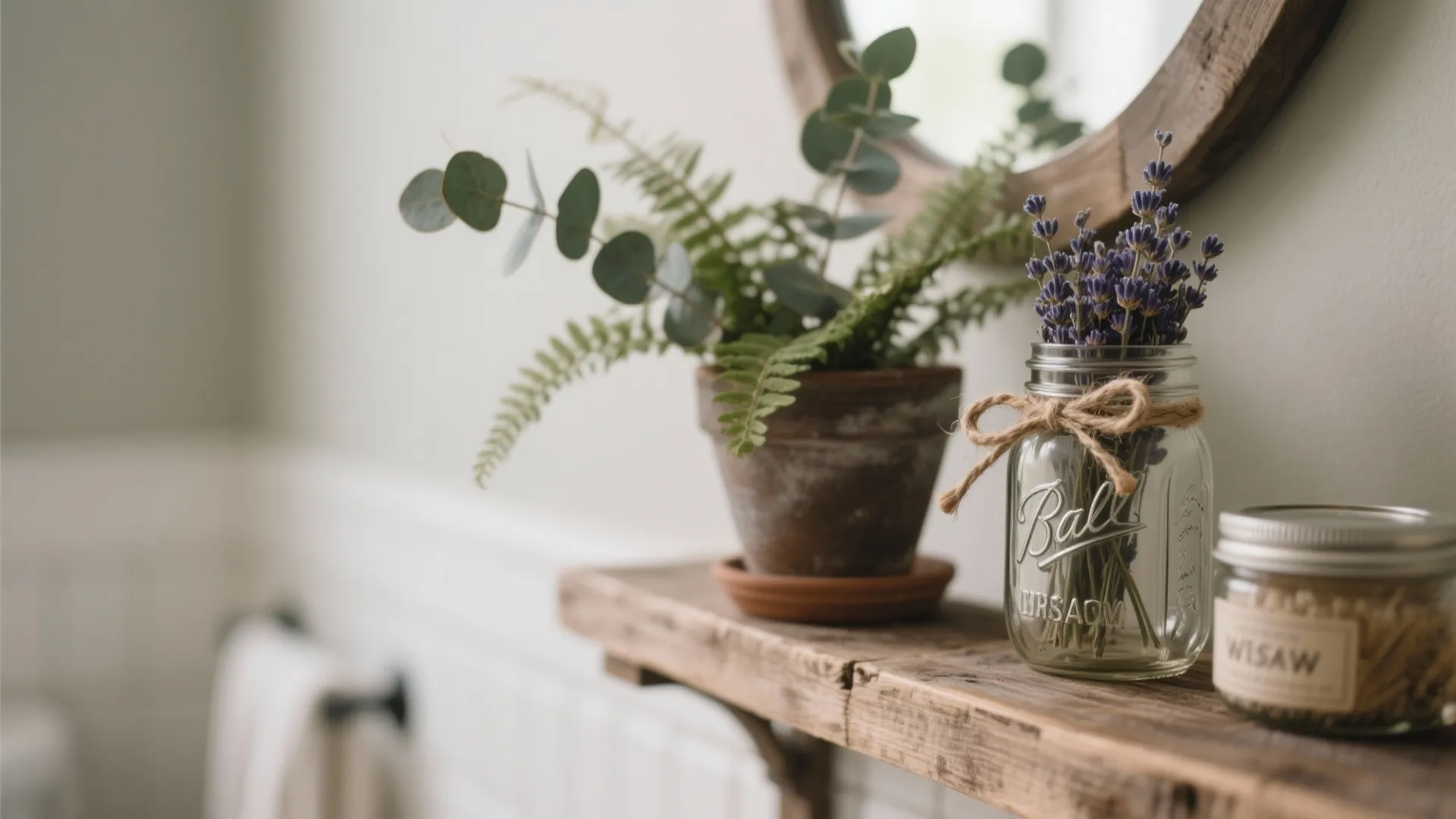 Close up of a wooden shelf holding small green plants lavender in a glass jar