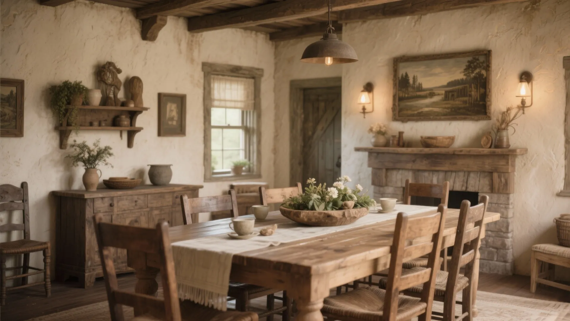 Farmhouse dining room with long wooden table chairs stone fireplace wall lights and ceiling light