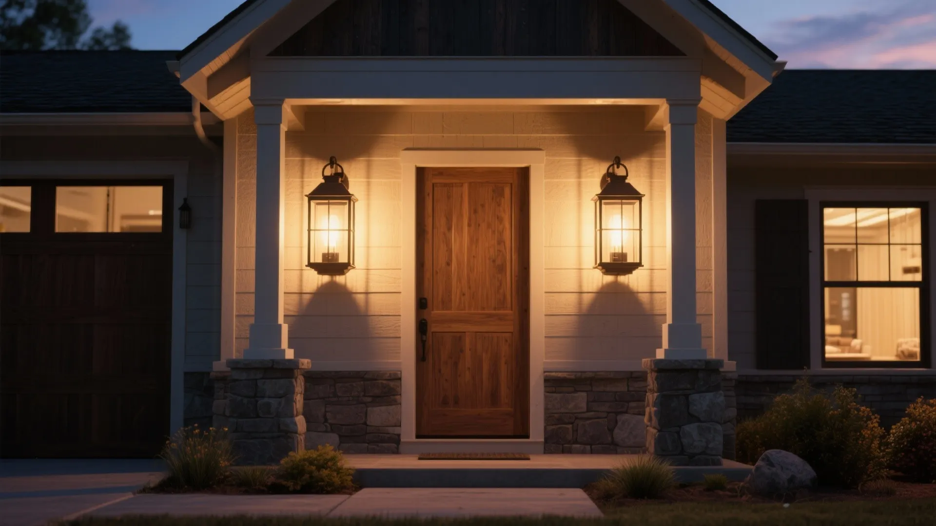 Farmhouse style house entrance at night with two large wall light fixtures beside wooden door