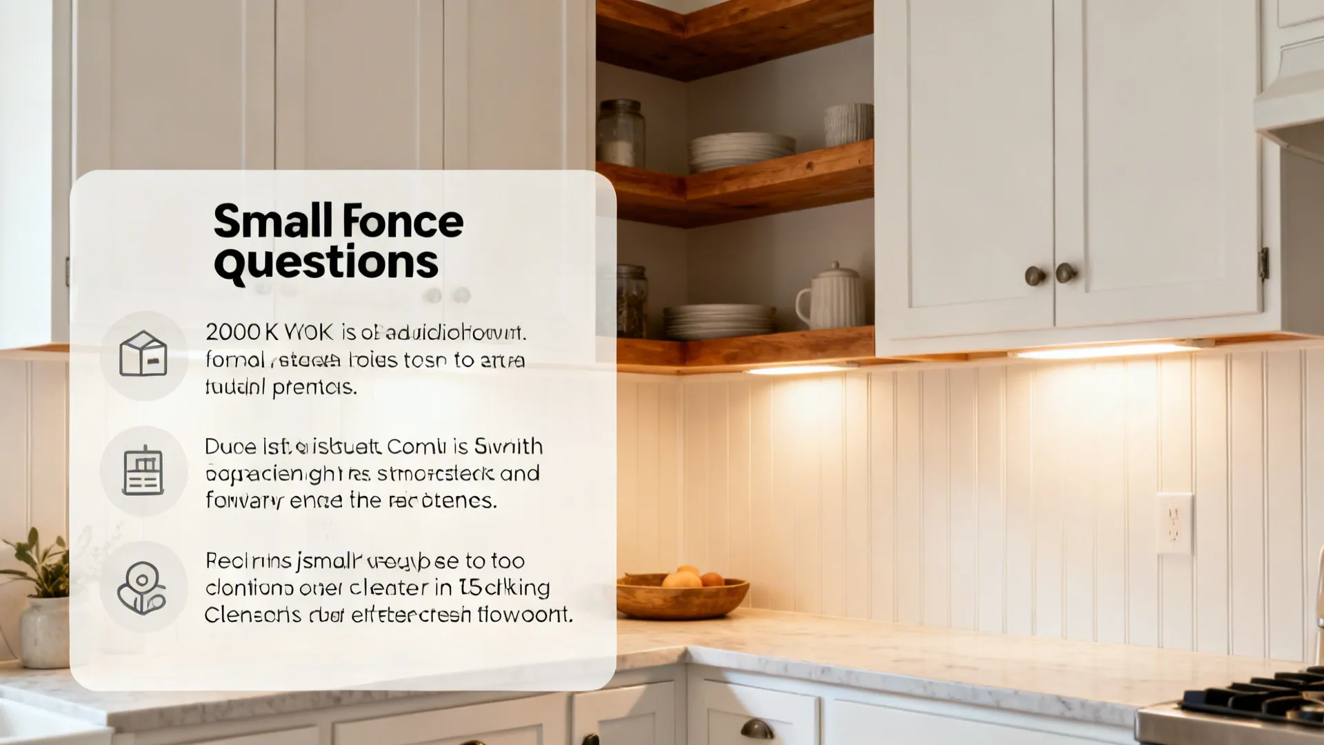 Editorial small farmhouse kitchen corner with beadboard, minimal shelves, and warm lighting for a how-to context.