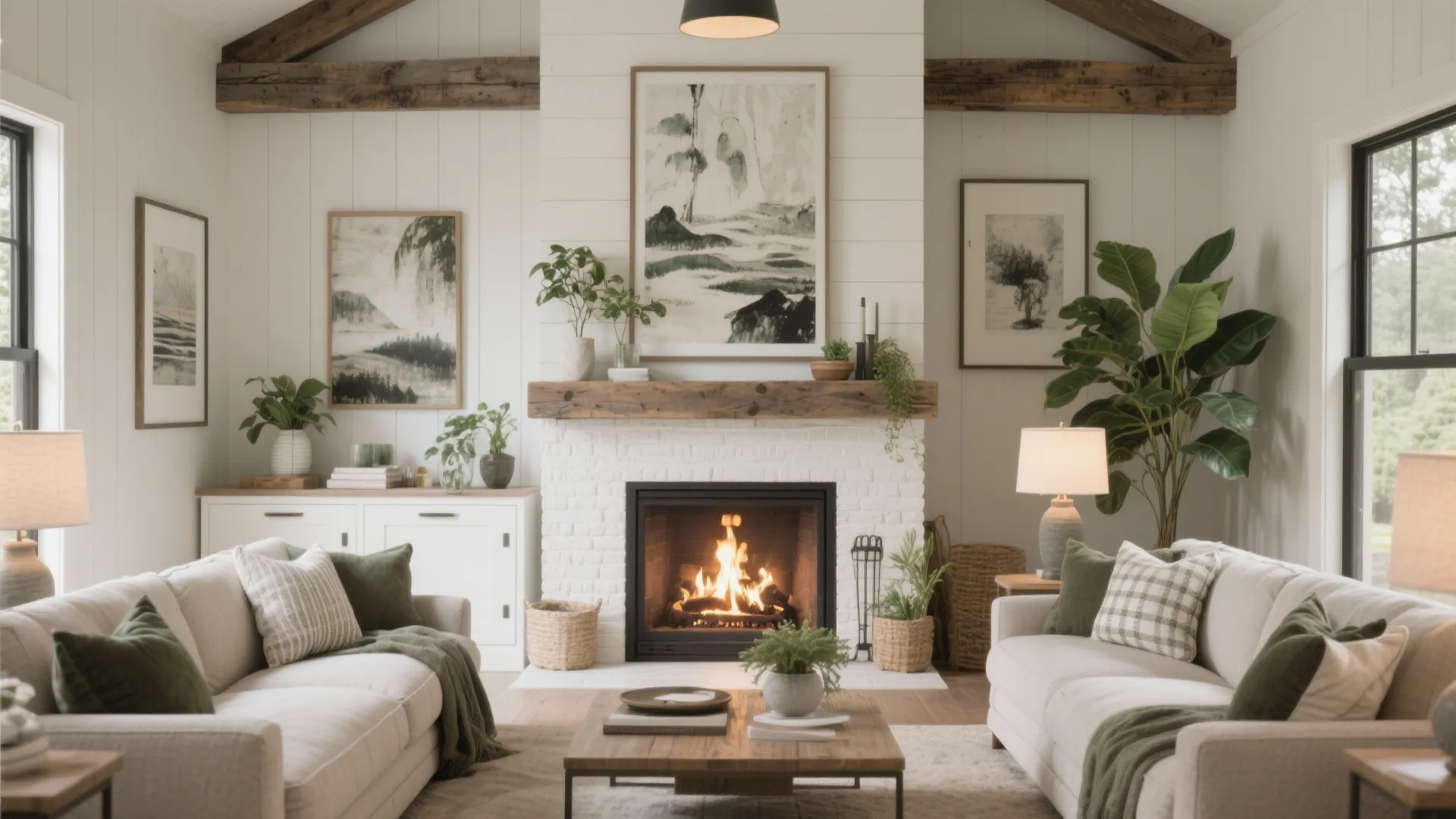 White brick fireplace with burning logs between two white sofas and green plants in room