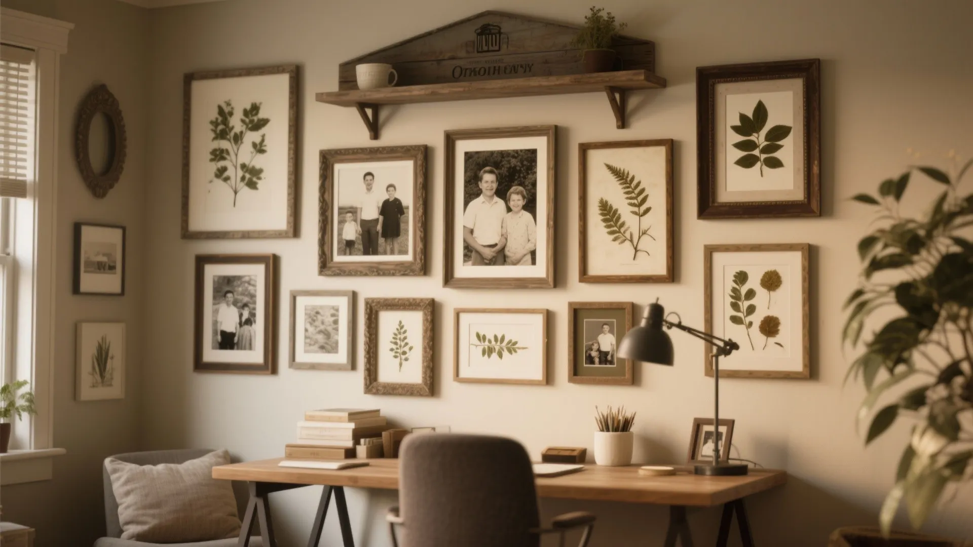 Gallery wall with framed family photos and leaf prints above a wooden desk home office