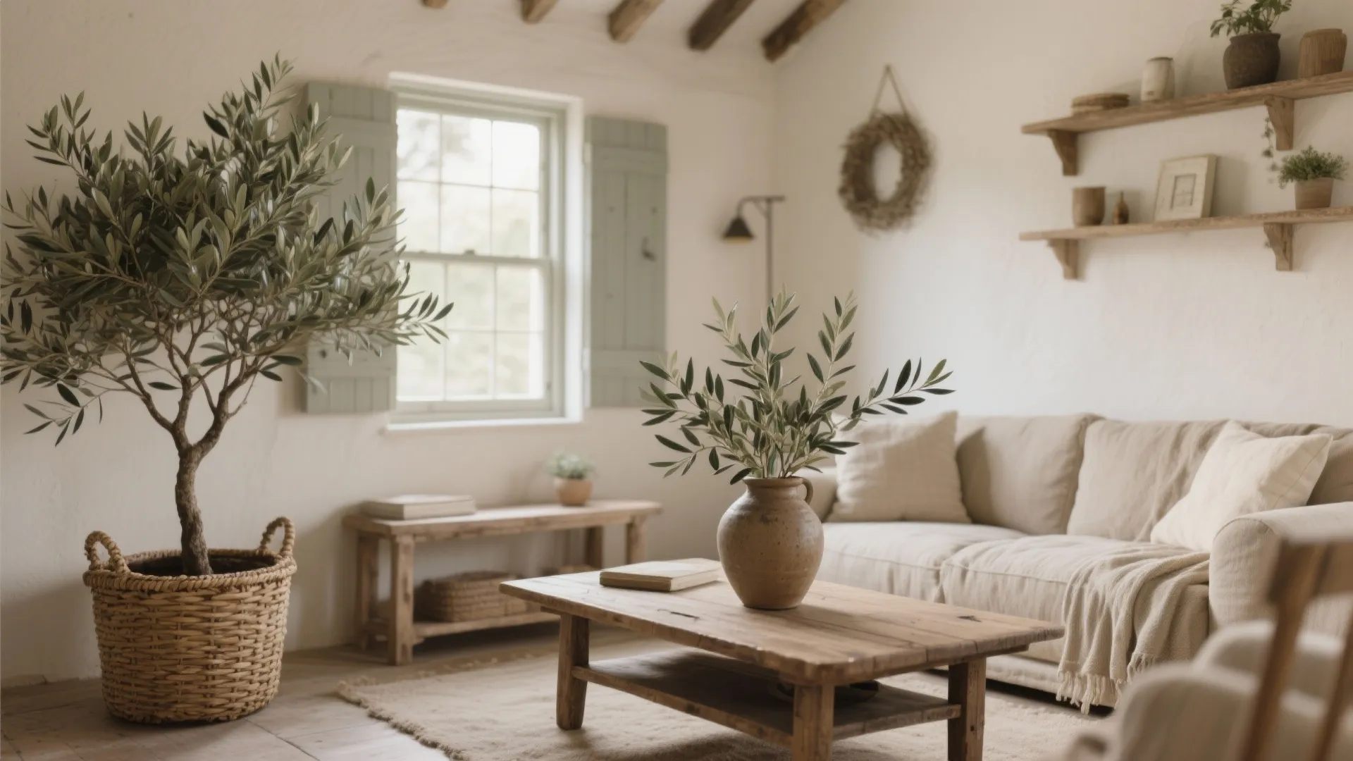 Rustic farmhouse living room with cream sofa wooden coffee table olive tree and large window
