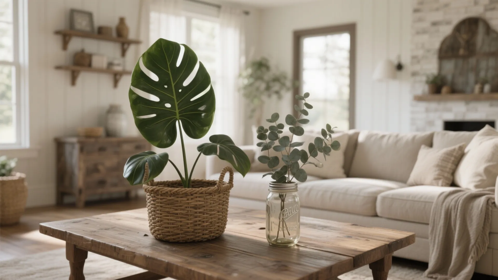 Green potted plant in basket and glass jar on wooden coffee table in farmhouse living room