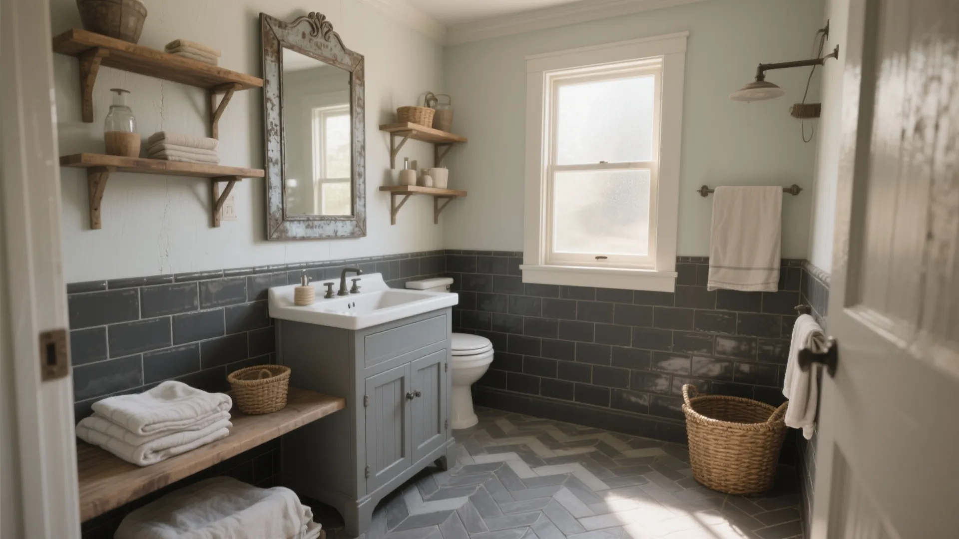 Rustic farmhouse bathroom with grey cabinet white sink mirror open wooden shelves and herringbone tile floor