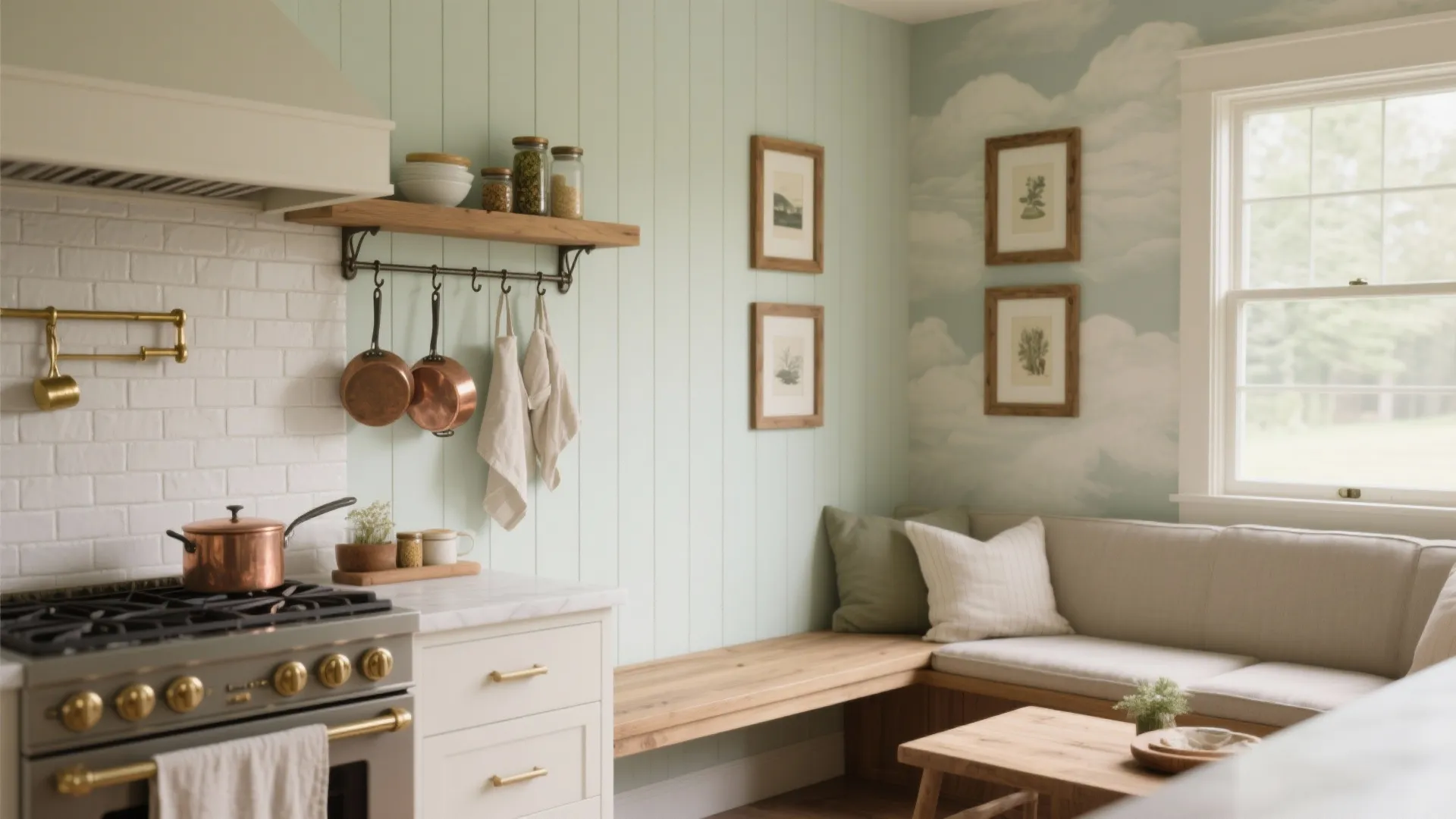 Farmhouse kitchen with green wall panels copper pots wooden shelf and a cozy built-in seating