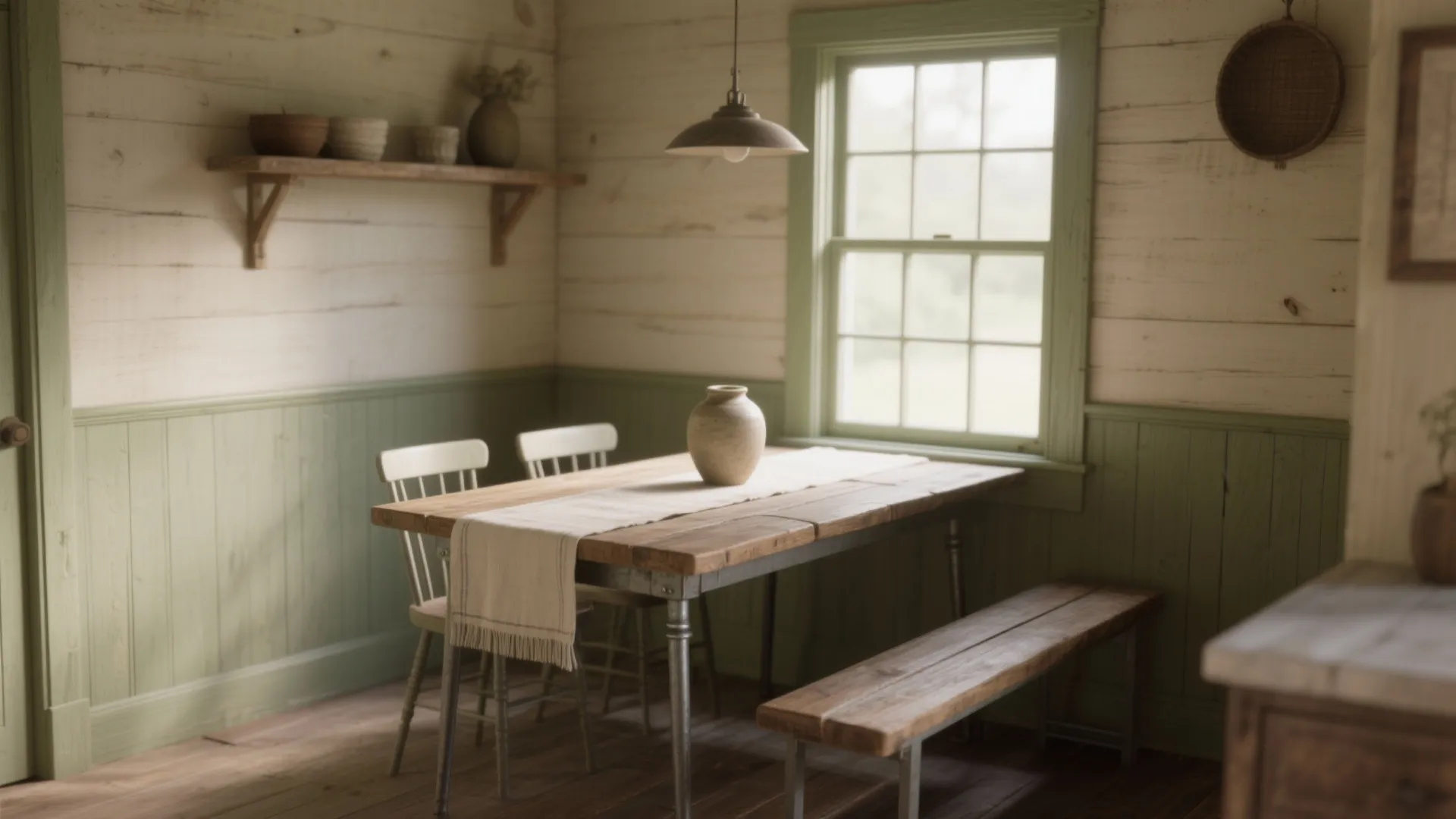 Rustic dining room with wooden table, long bench, green wall panels, window, and hanging light