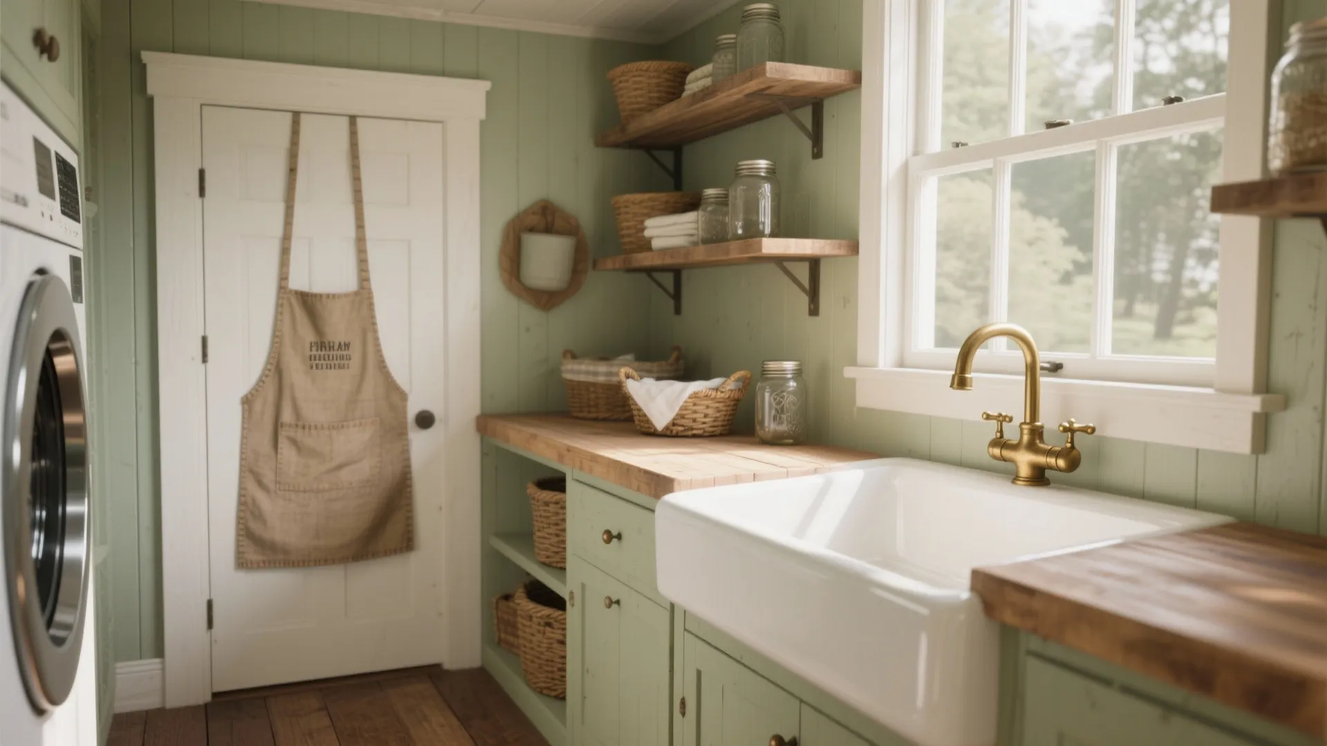 Green laundry room featuring a white sink gold light fixture wooden shelves and an apron