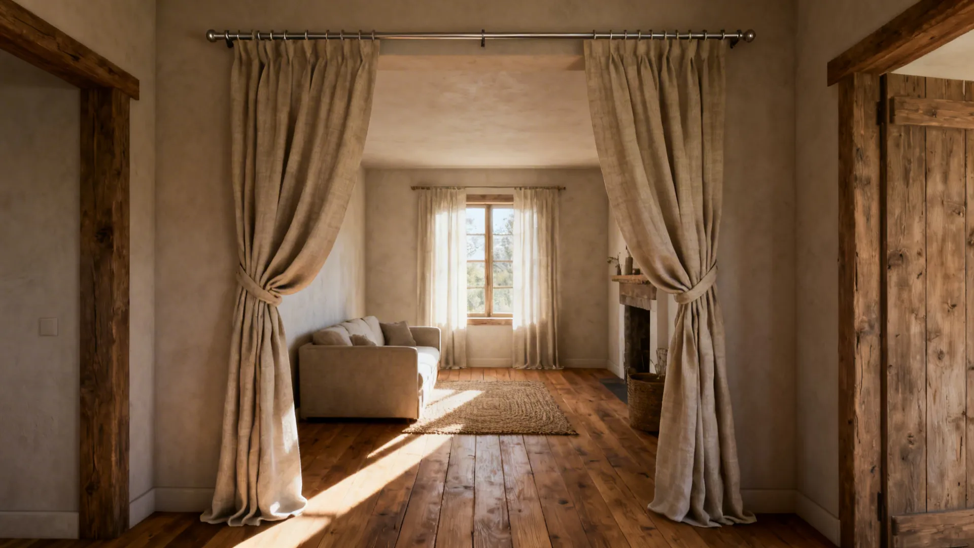 Farmhouse living room featuring wooden floors beige sofa stone fireplace large linen curtains and sunlight