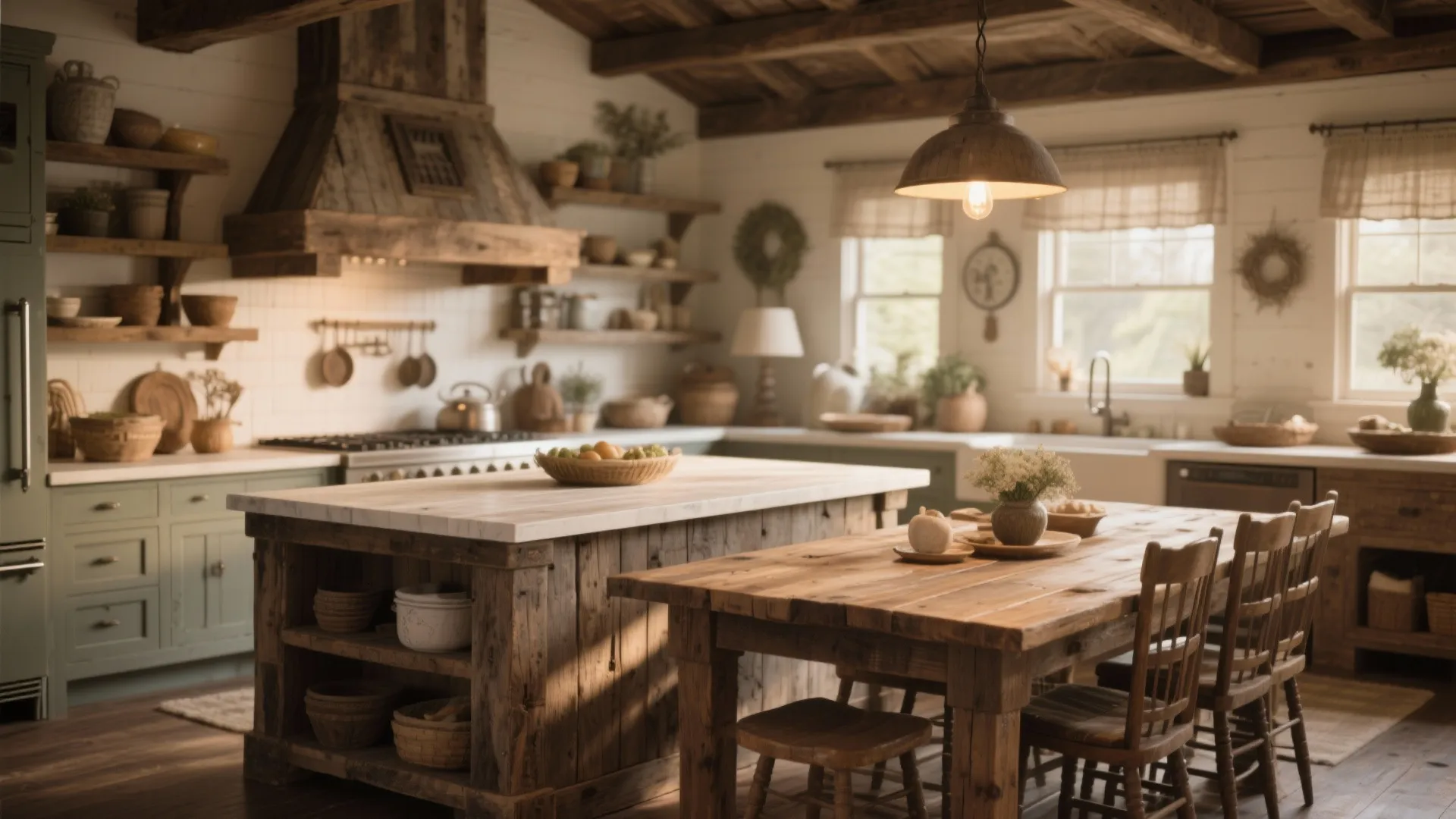 Rustic farmhouse kitchen featuring wooden island dining table green cabinets ceiling light and warm natural sunlight