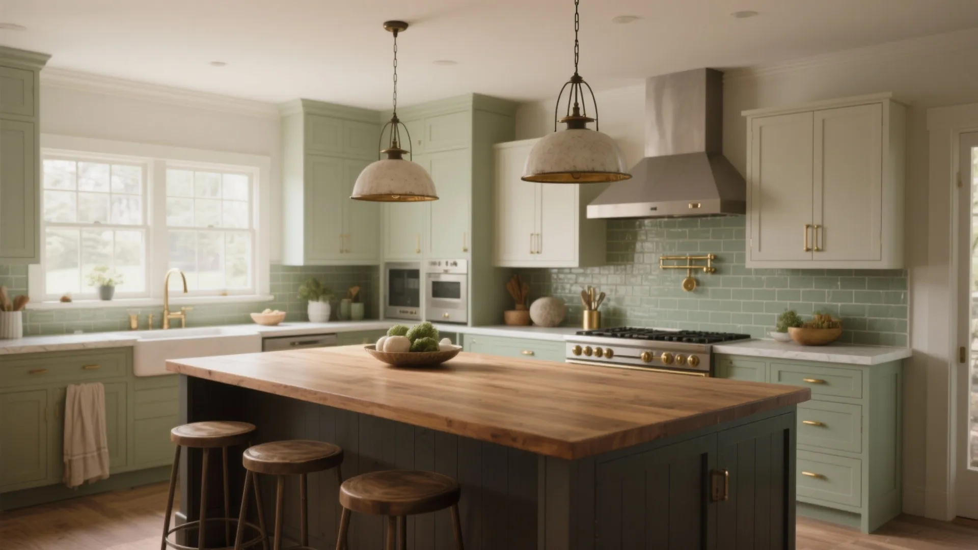 Modern farmhouse kitchen with green cabinets wooden island bar stools tile backsplash and two ceiling lights