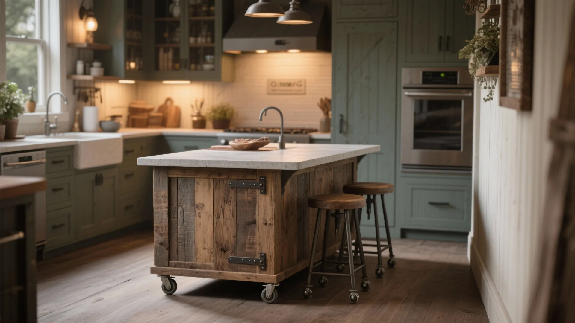 Industrial kitchen island on wheels with wooden base marble top and stools in green cabinet room