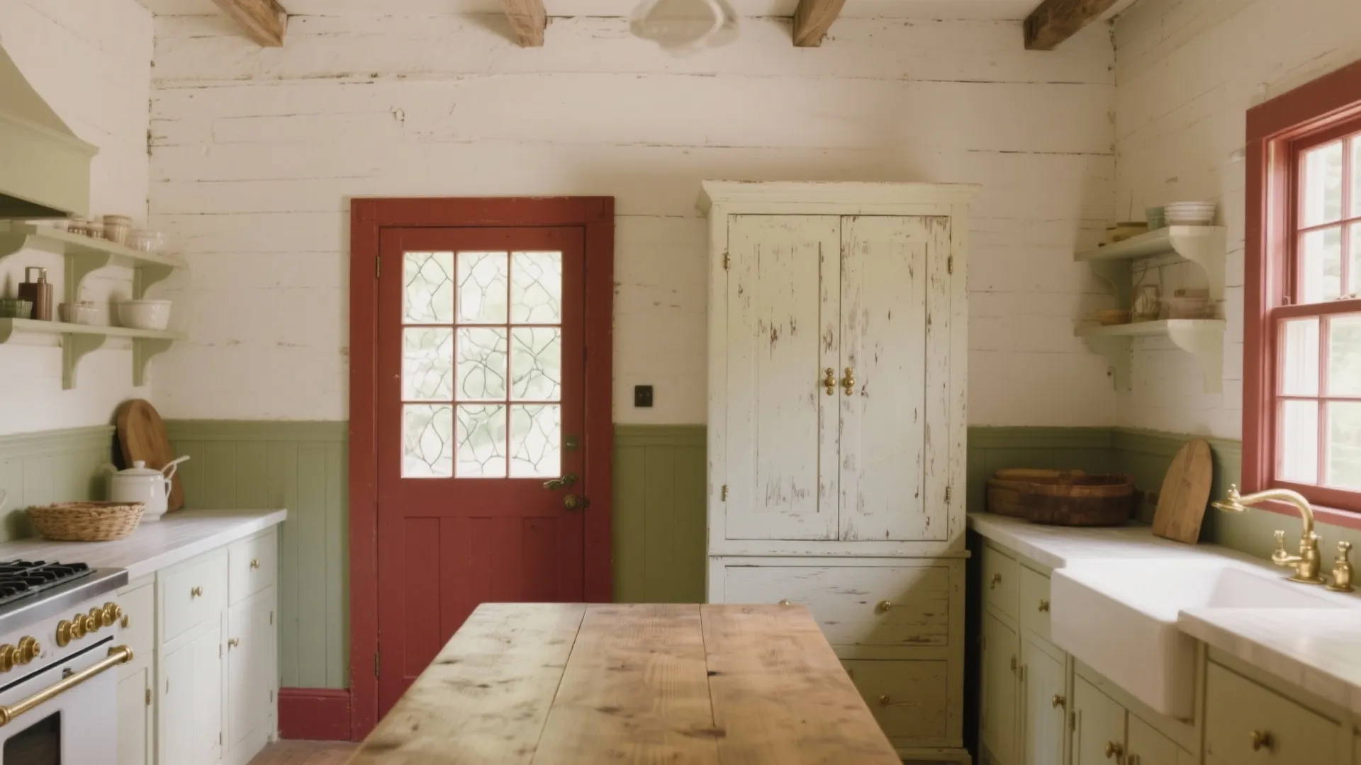 Rustic farmhouse kitchen with red door white wooden walls green wall paneling and wooden table