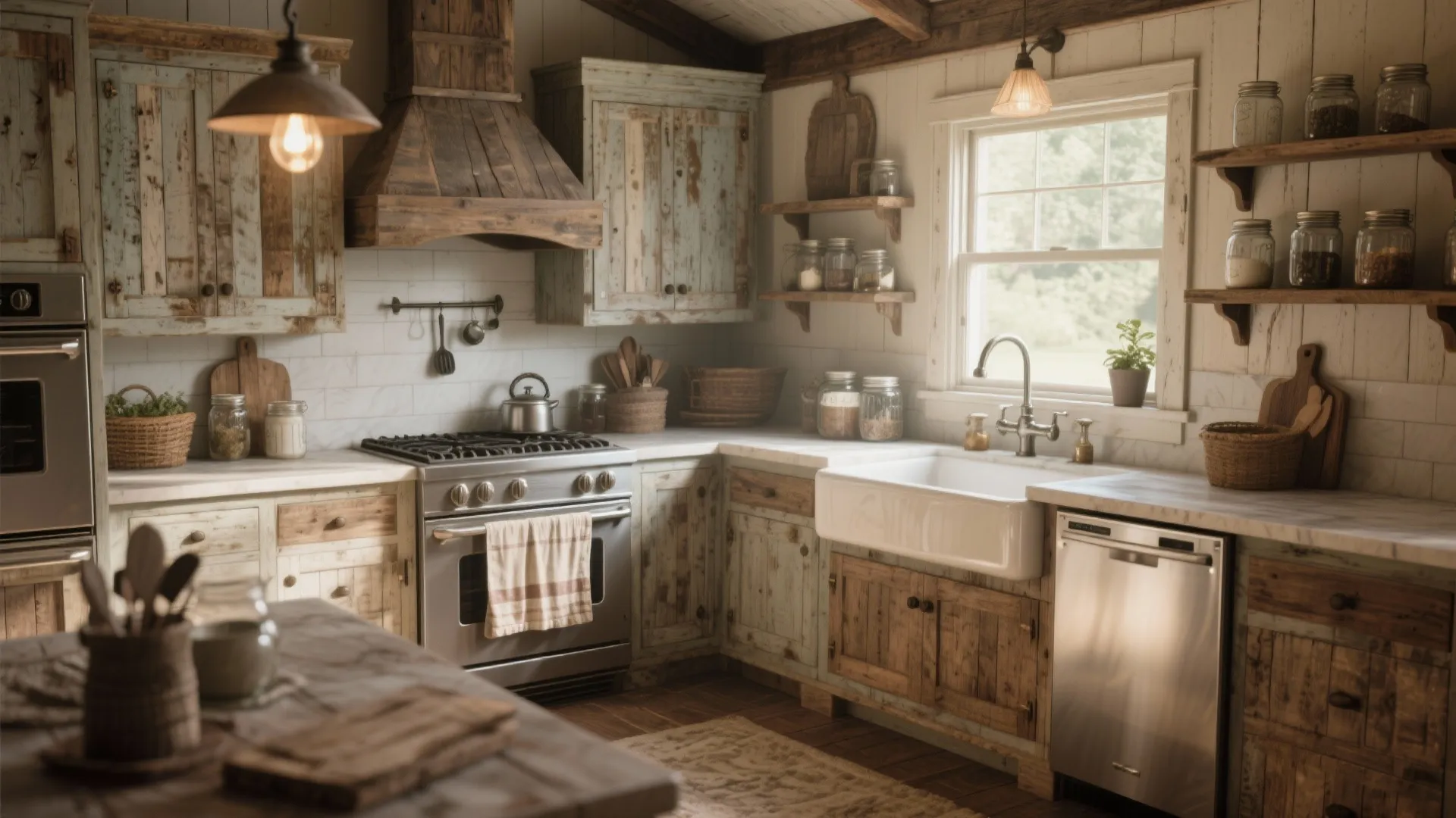 Rustic farmhouse kitchen with light blue cabinets wooden range hood white sink and open wall shelves