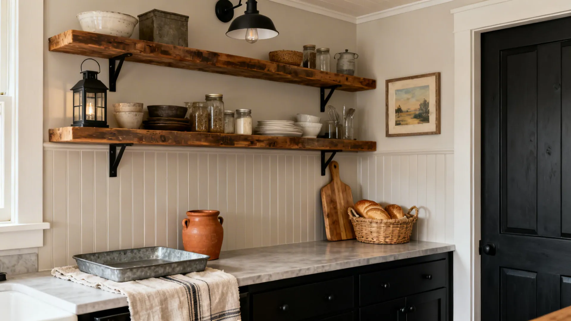 Cohesive small farmhouse kitchen showing shelves, layered lighting, textured neutrals, beadboard, and curated accents.
