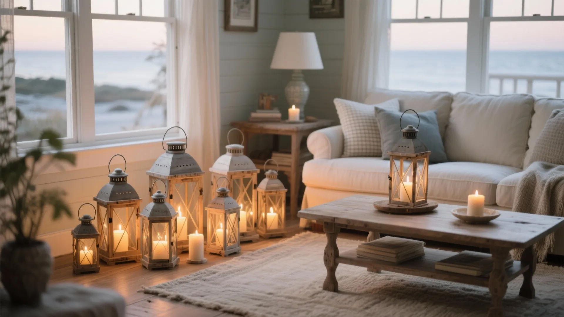 Farmhouse-style lanterns glowing in cozy coastal living room