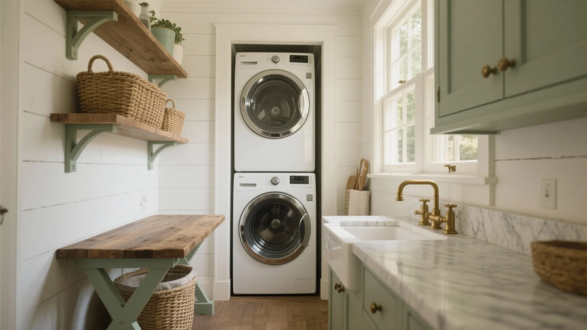 Farmhouse laundry room with stacked white washer dryer marble countertop gold faucet and green storage cabinets