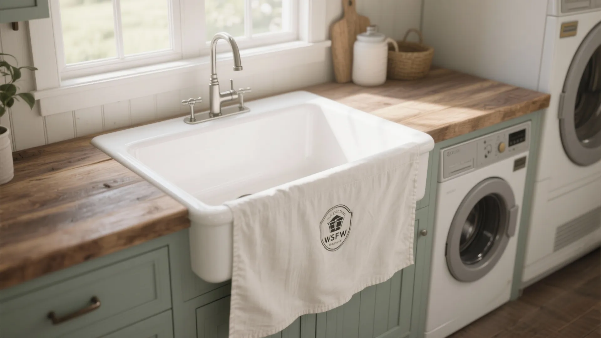 White ceramic laundry sink with silver faucet on wood countertop next to a white washing machine