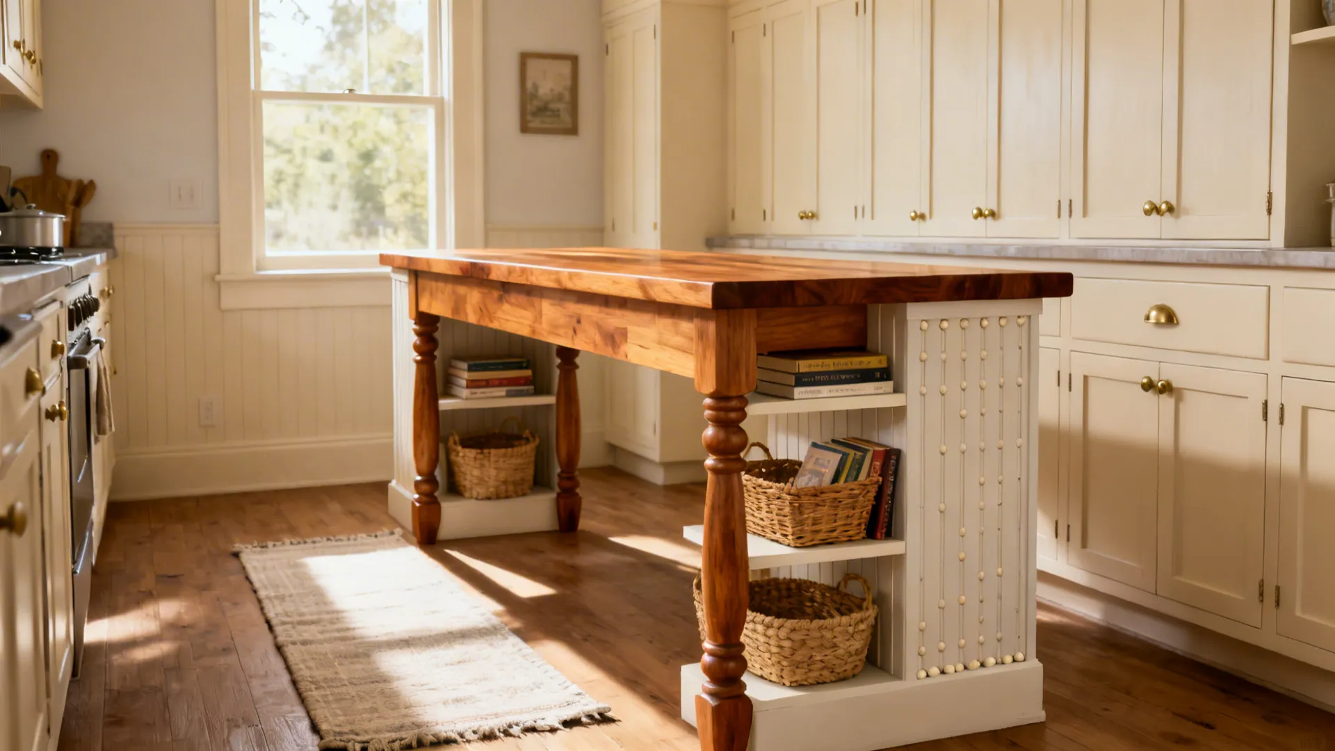 1) Farmhouse-style wood island with furniture legs