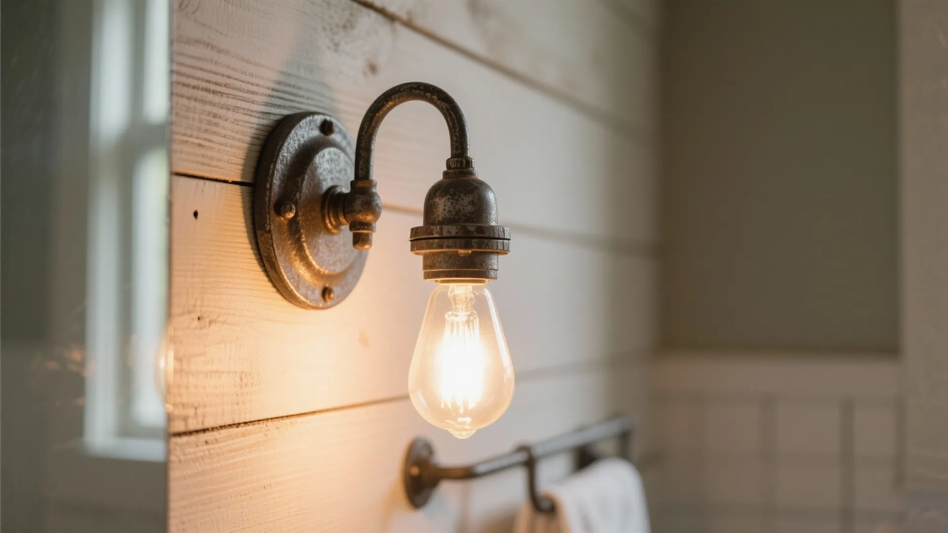 Vintage wall light with a glowing light bulb mounted on a white wooden plank wall