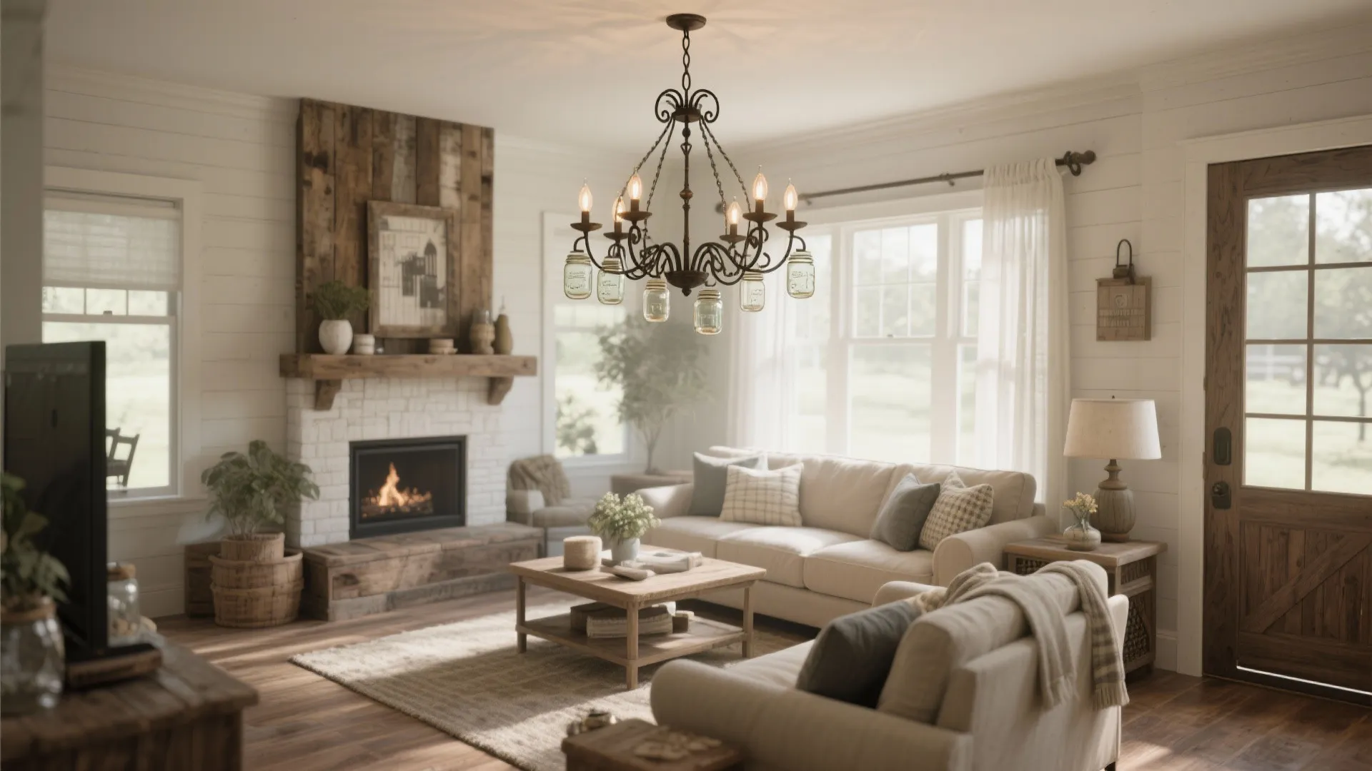 Rustic farmhouse living room featuring a vintage ceiling light with mason jars over a beige sofa