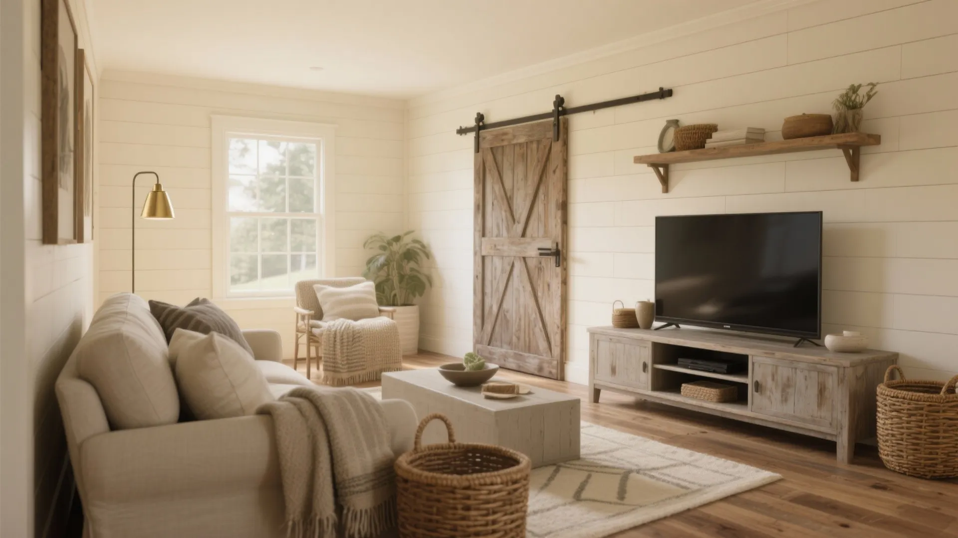 Modern farmhouse living room featuring white wall paneling, wooden barn door, cream sofa, and television