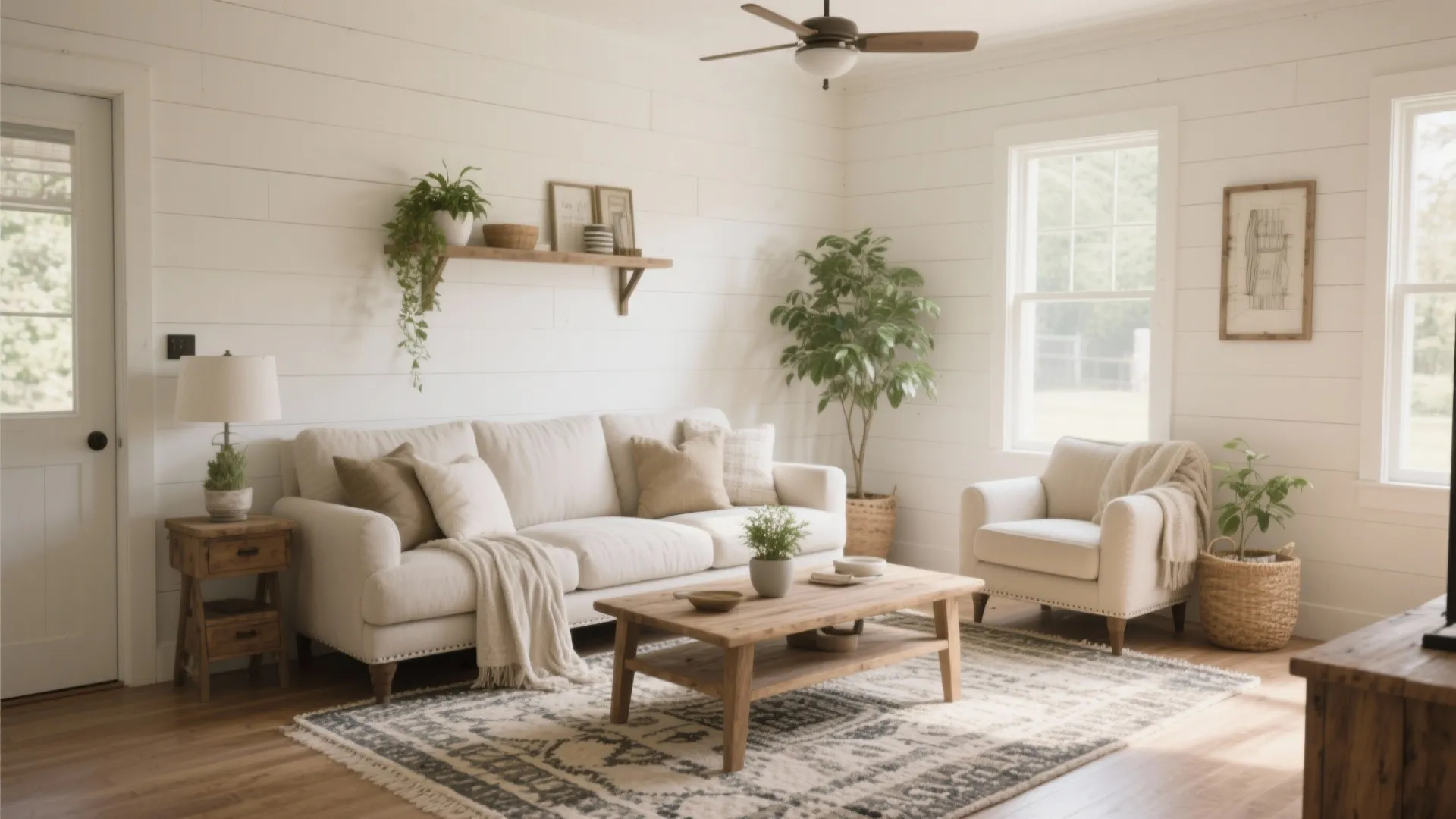 Bright farmhouse living room featuring white walls ceiling fan cream sofa wooden coffee table plants